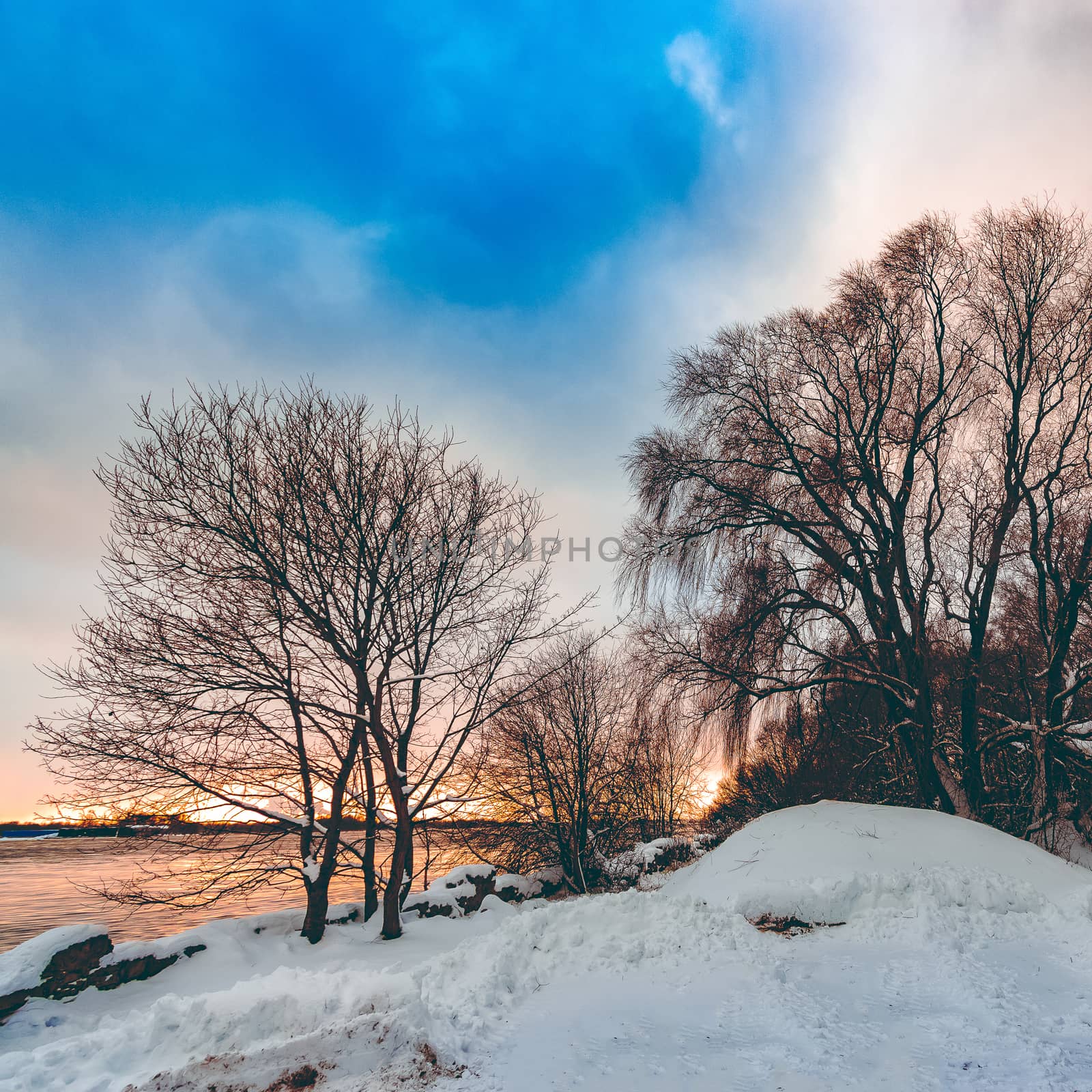 Cold winter snowy landscape at middle of the day