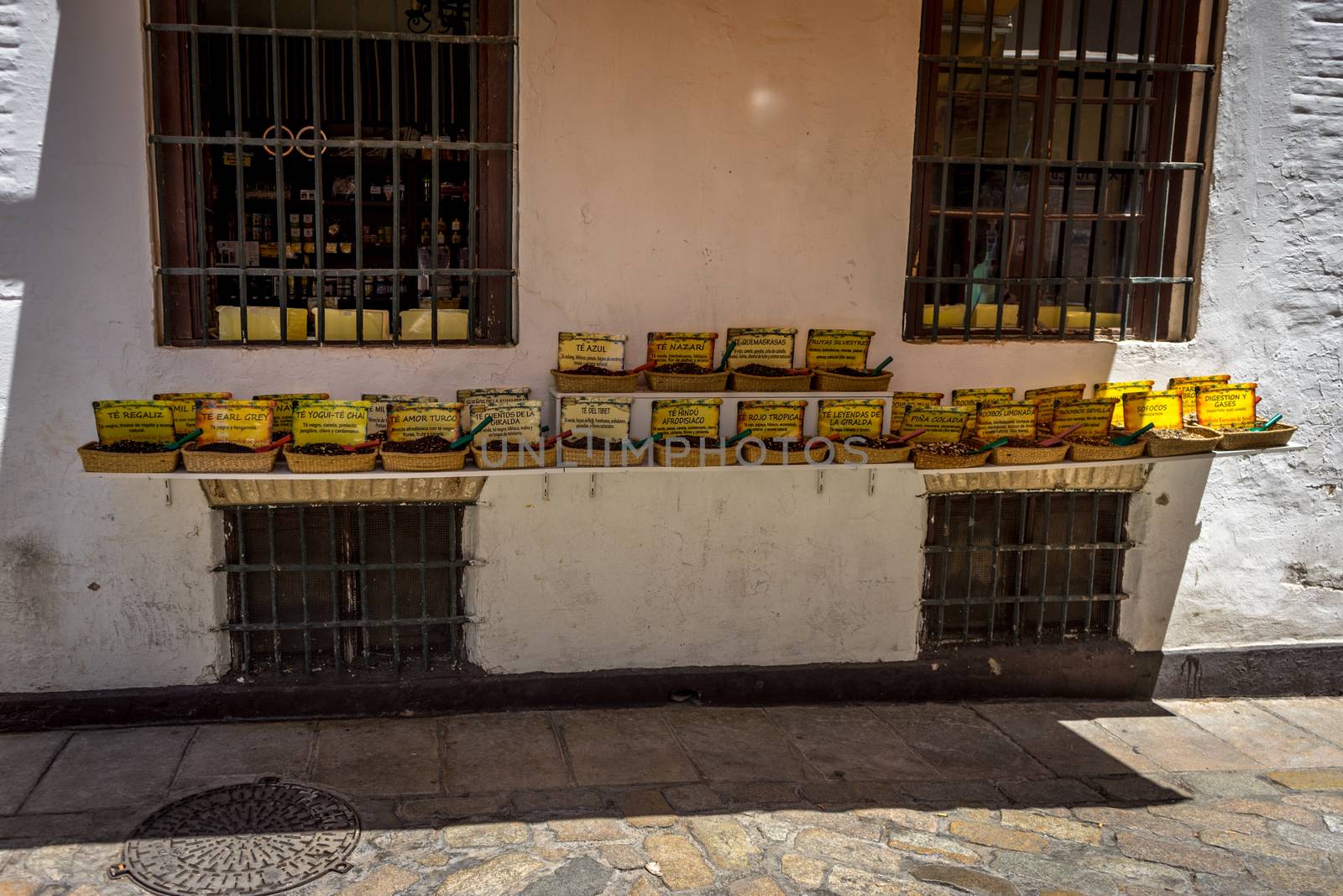 Spices and digestive pills on display in Seville, Spain, Europe