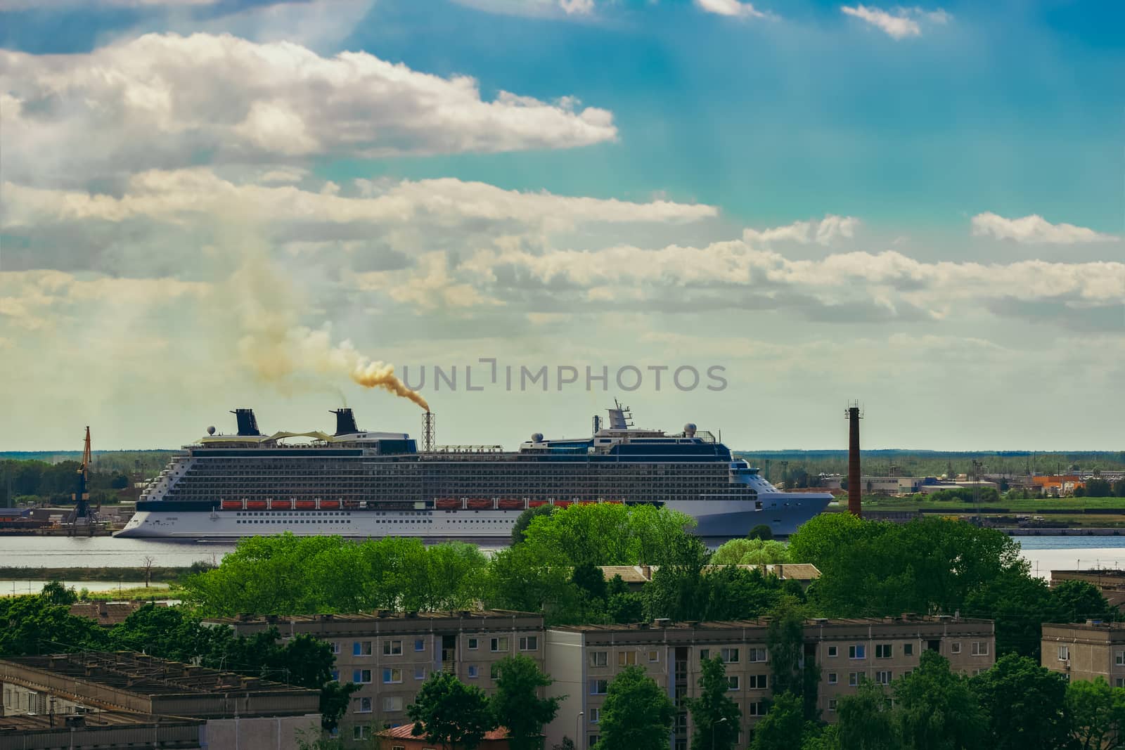 Large cruize liner. Passenger ship moored in old town