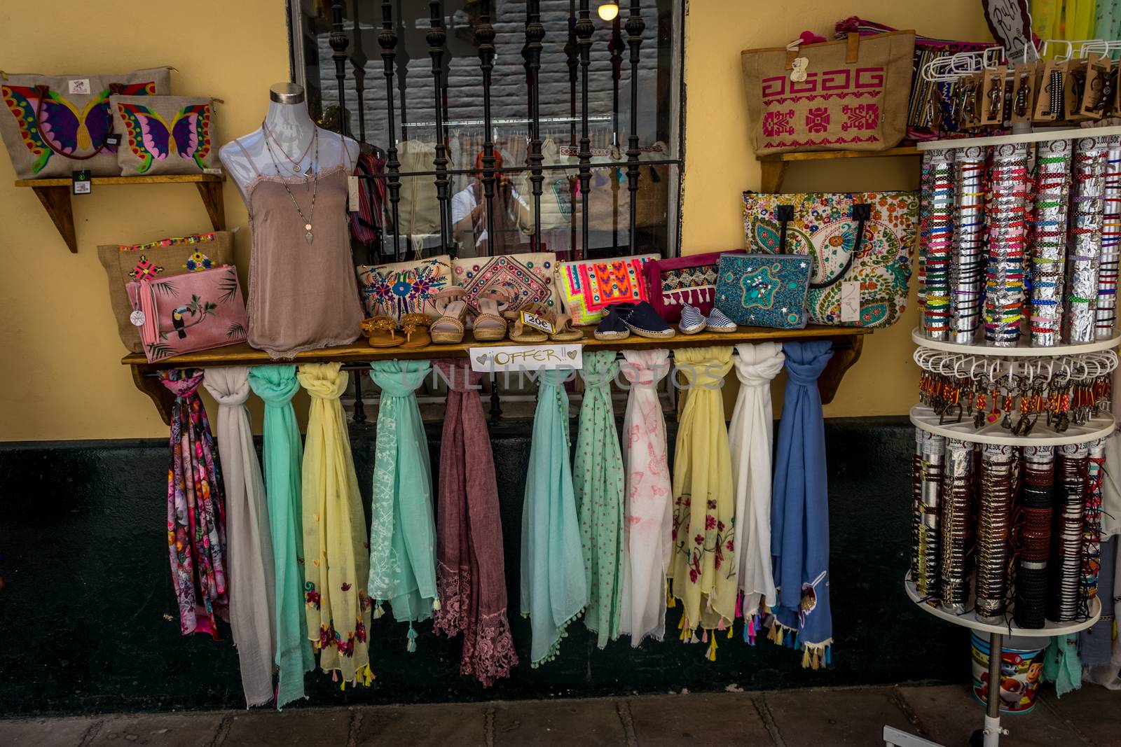 View of a scarfs on display outside a shop in Seville, Spain, Eu by ramana16