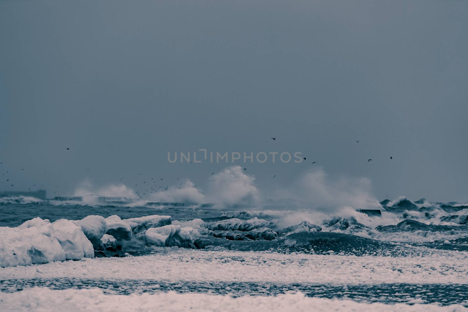 Big waves at the sea in stormy weather. Toned dark blue