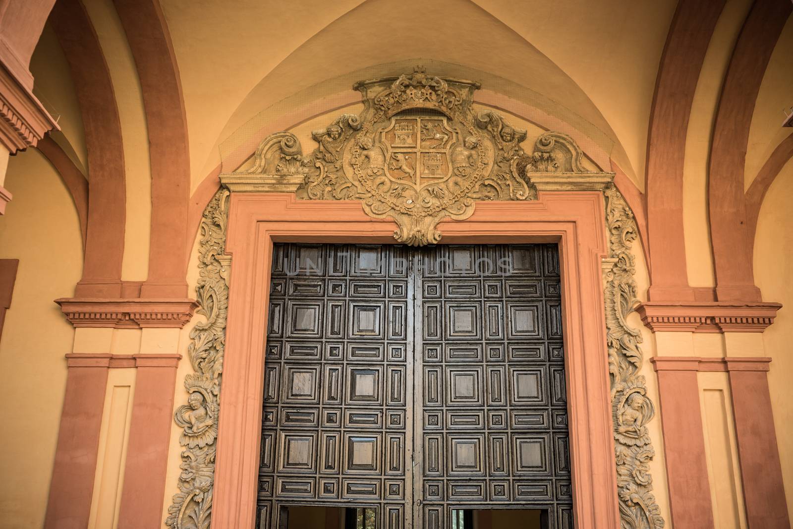 Roday design on a ochre ceiling in Seville, Spain, Europe