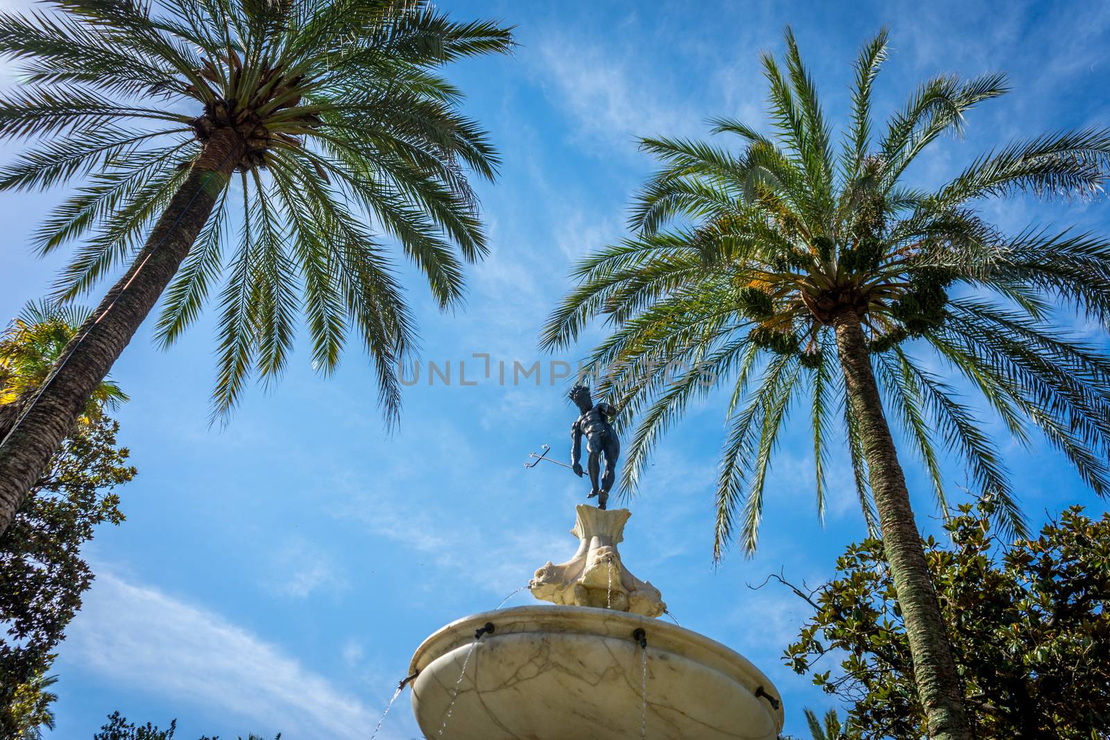 Neptune under the palm tree in Alcazar garden with a blue sky in Seville,  Spain, Europe