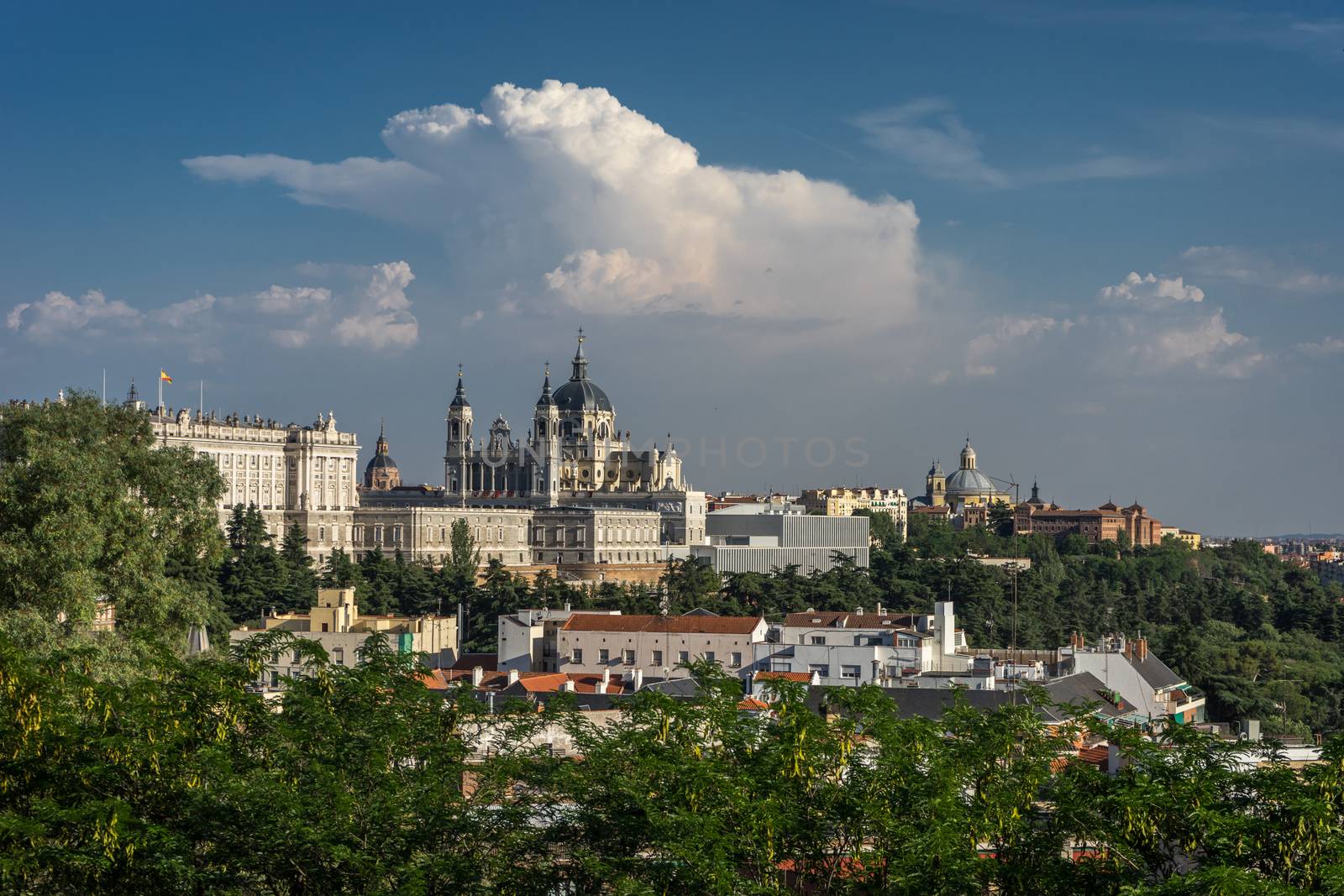 Madrid skyline showing the Catedral de la Almudena in Madrid, Spain, Europe