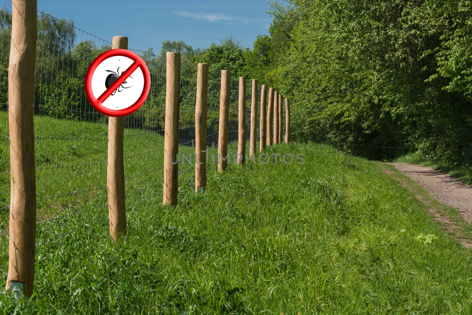 Red shield with crossed out ticks symbol on a fence post in front of a green meadow. Concept Ticks free zone
              
