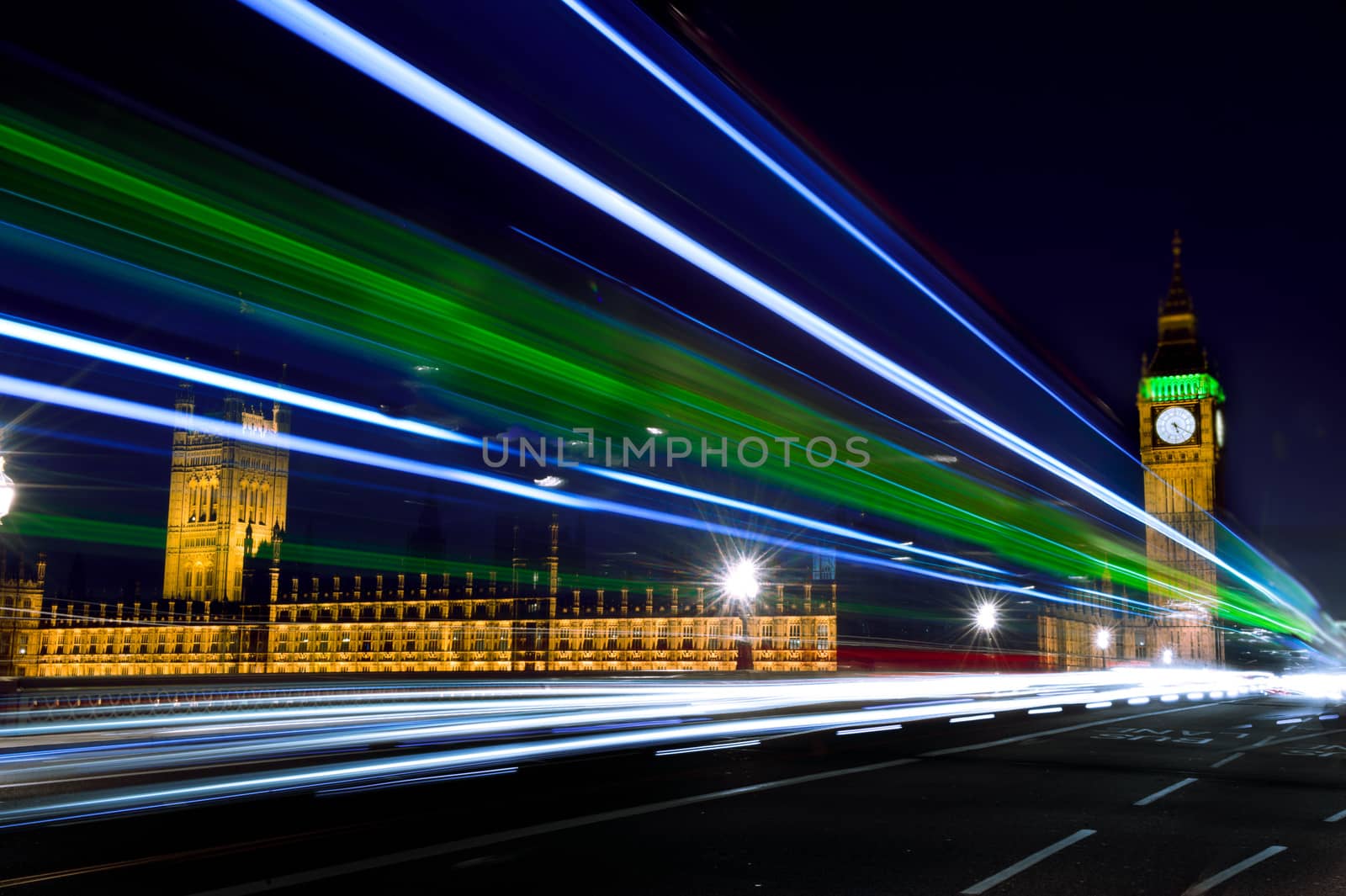 great night light in london Bigben tower with green light with blue light.