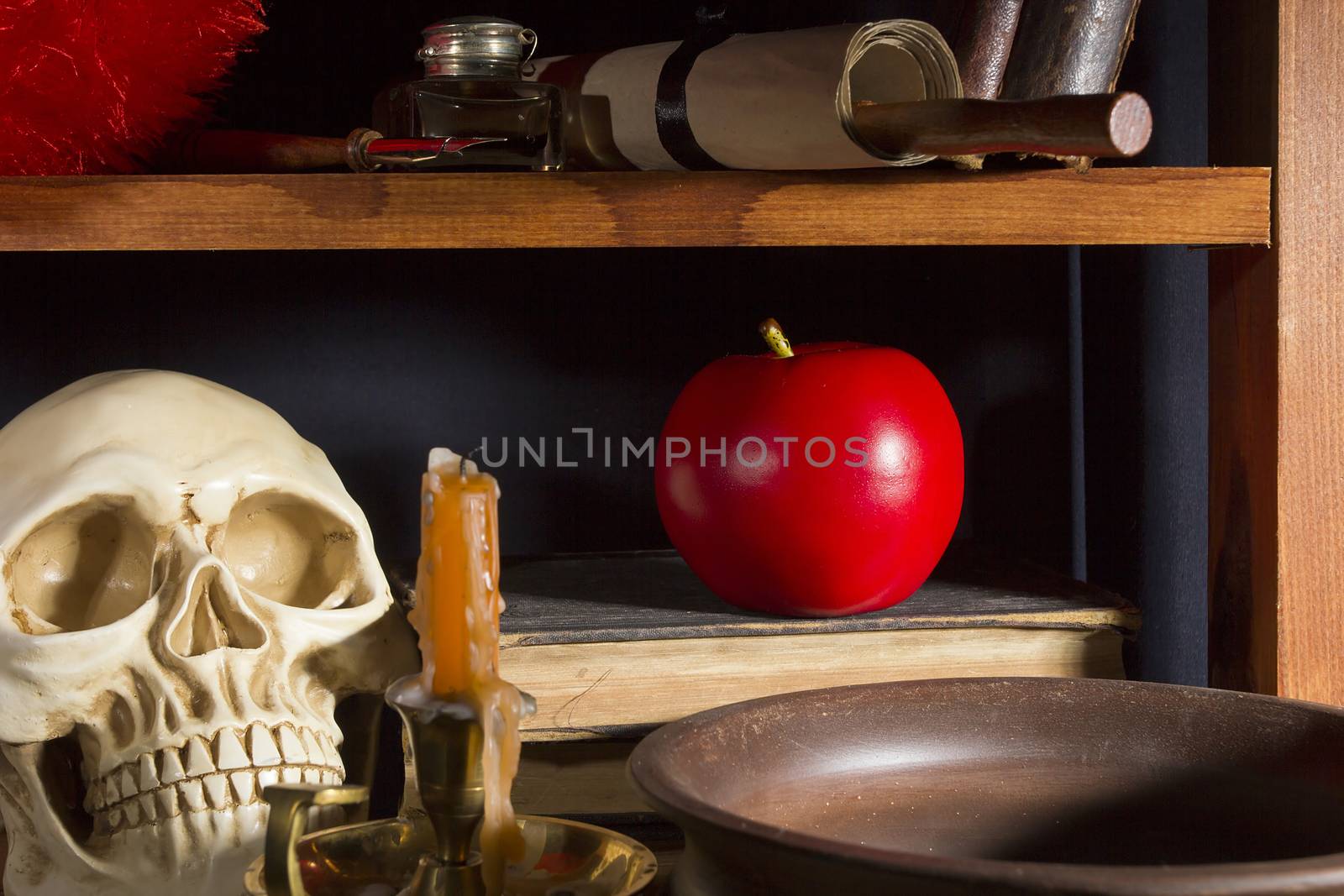 Gothic still life with a skull and an apple