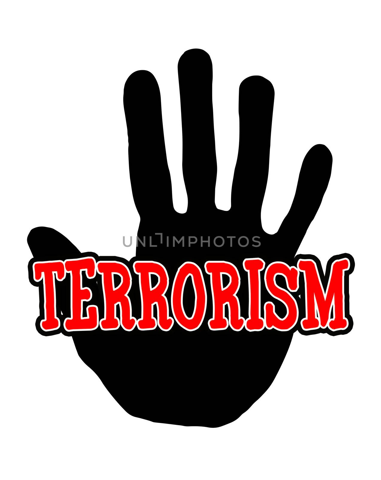 Man handprint isolated on white background showing stop terrorism