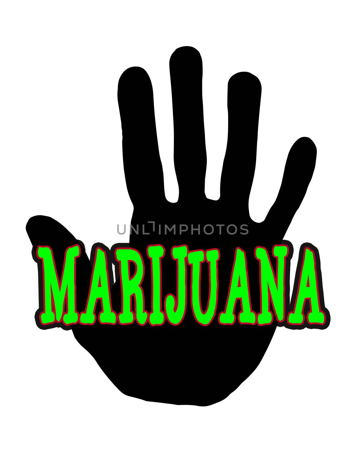 Man handprint isolated on white background showing stop marijuana