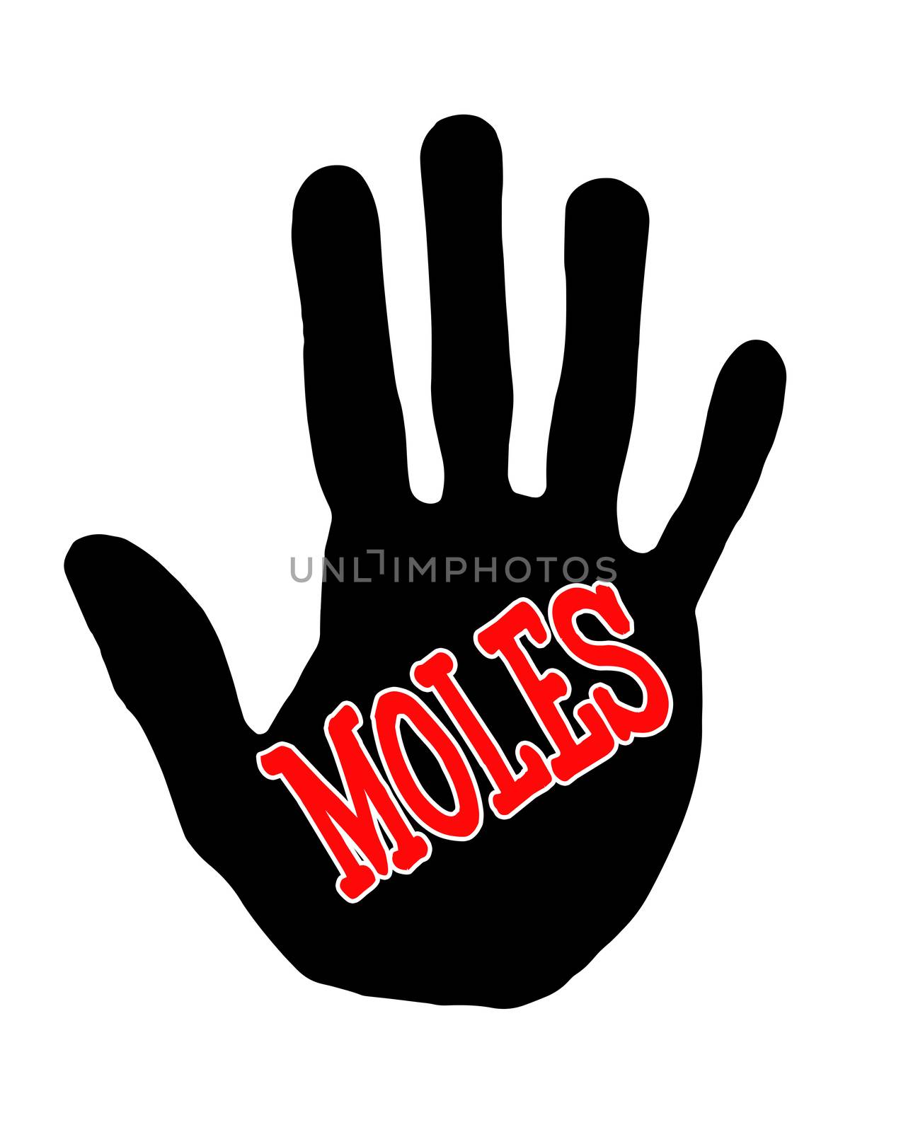 Man handprint isolated on white background showing stop moles