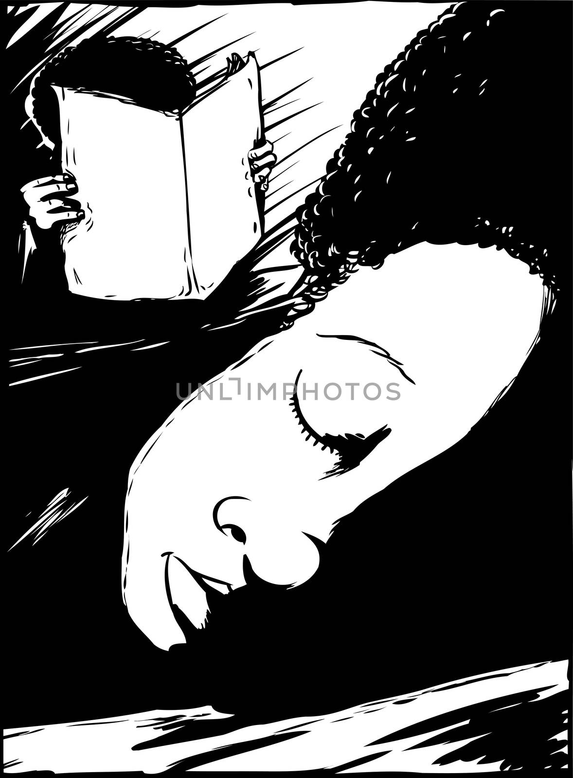 Outline sketch of person asleep with while another reads a blank newspaper