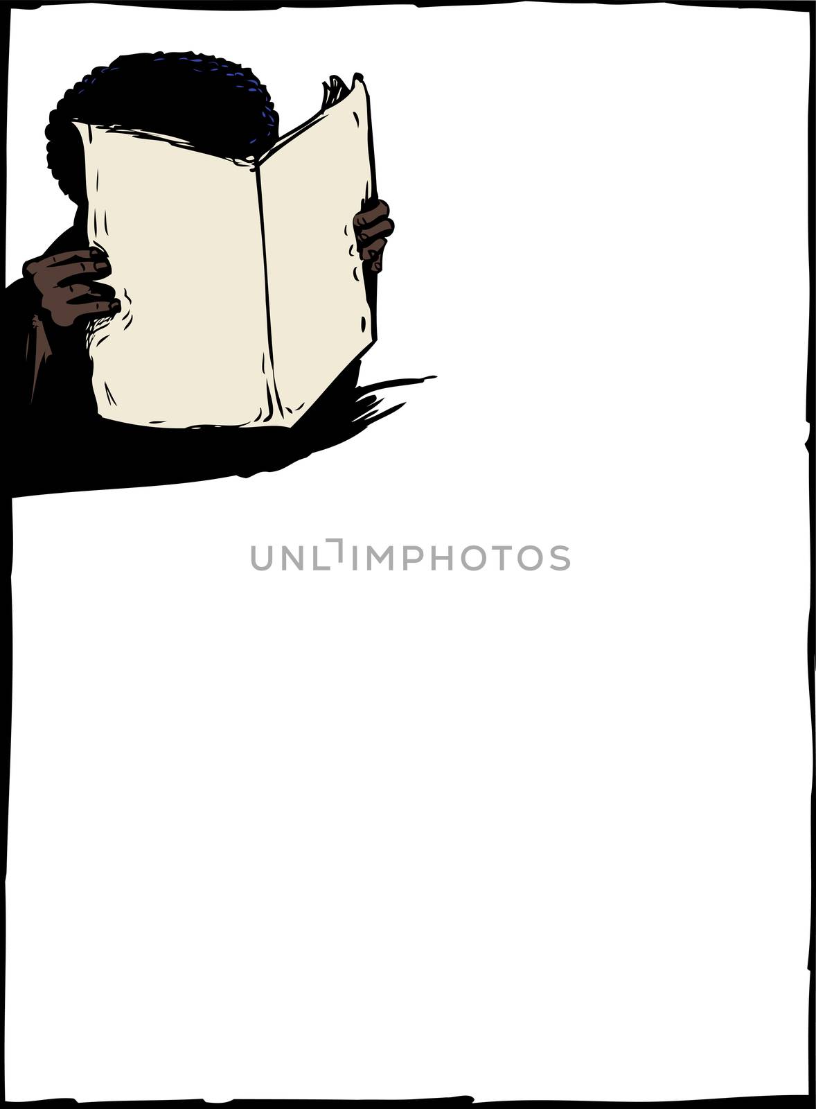 Obscured front view of Black person reading a blank newspaper