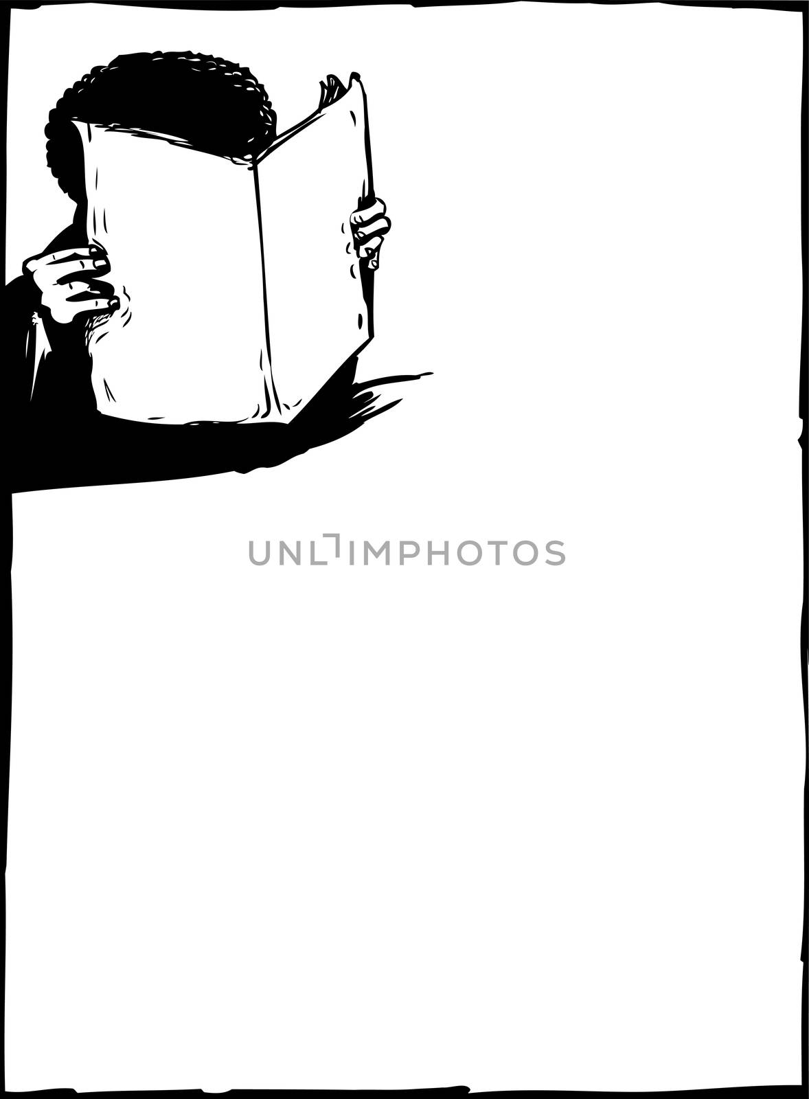 Outlined sketch of unidentifiable Black person reading a blank newspaper