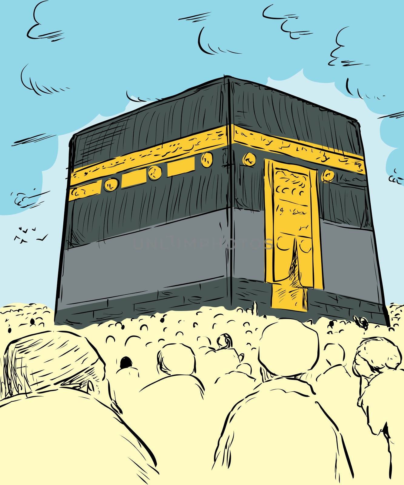 Illustration of devout Muslim pilgrims assembled around the Kaaba in Mecca, Arabia