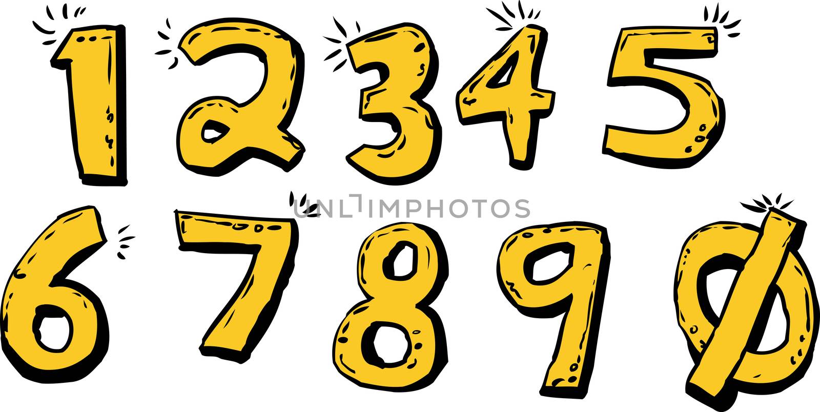 Set of isolated cartoon of shiny hand drawn numbers over white background