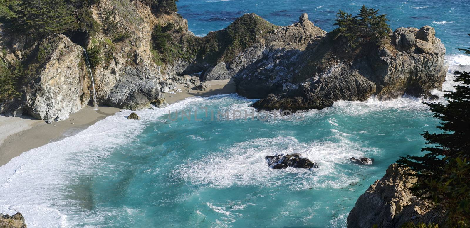 Julia Pfeiffer Burns Falls in spring. Julia Pfeiffer Burns State Park, CA. Panorama of ten photographs.