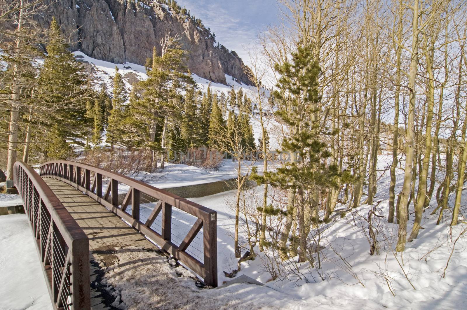 View of bridge and frozen Twin Lake in Tamarack, Mammoth Lakes, CA. by Njean