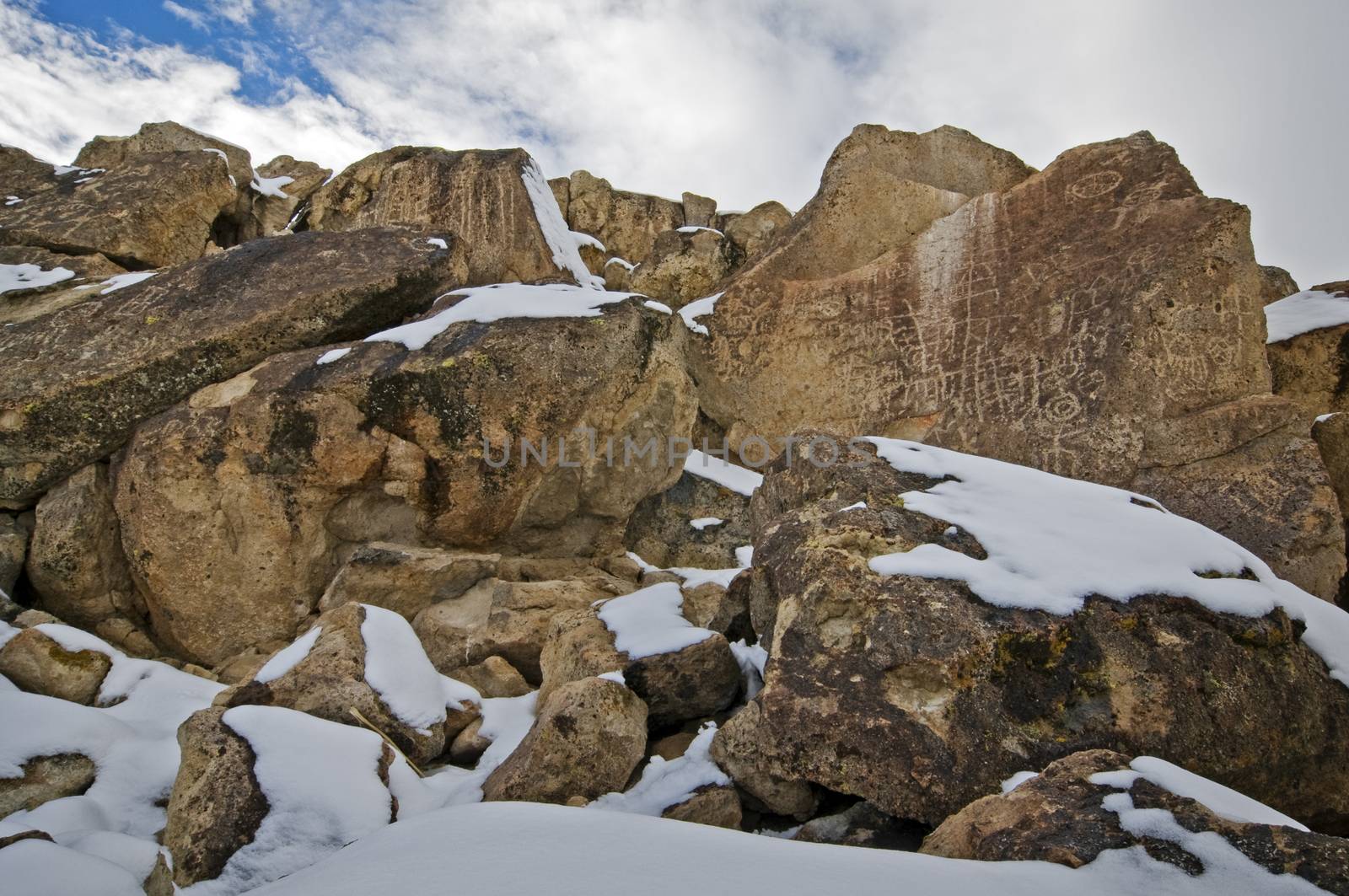 Red Canyon Petroglyphs along Fish Slough Road in Bishop, CA during winter. by Njean