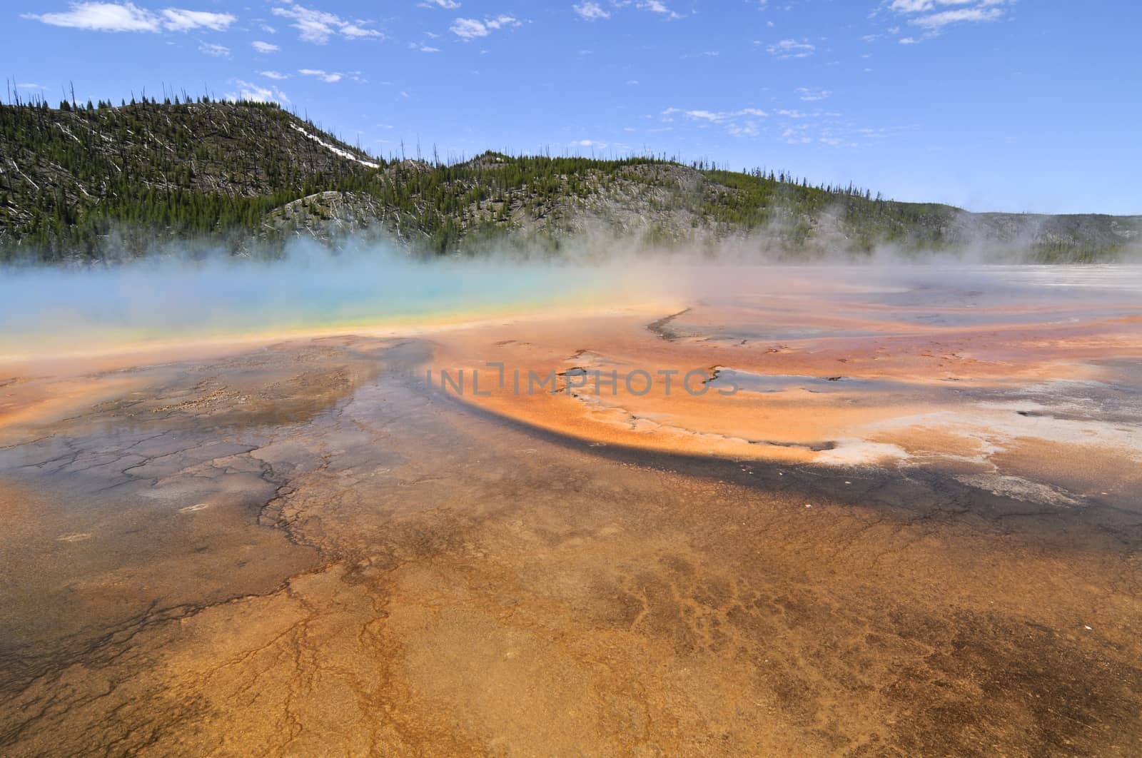 Grand Prismatic Spring as they  walking along path in Midway Geyser Basin, Yellowstone National Park, Wyoming