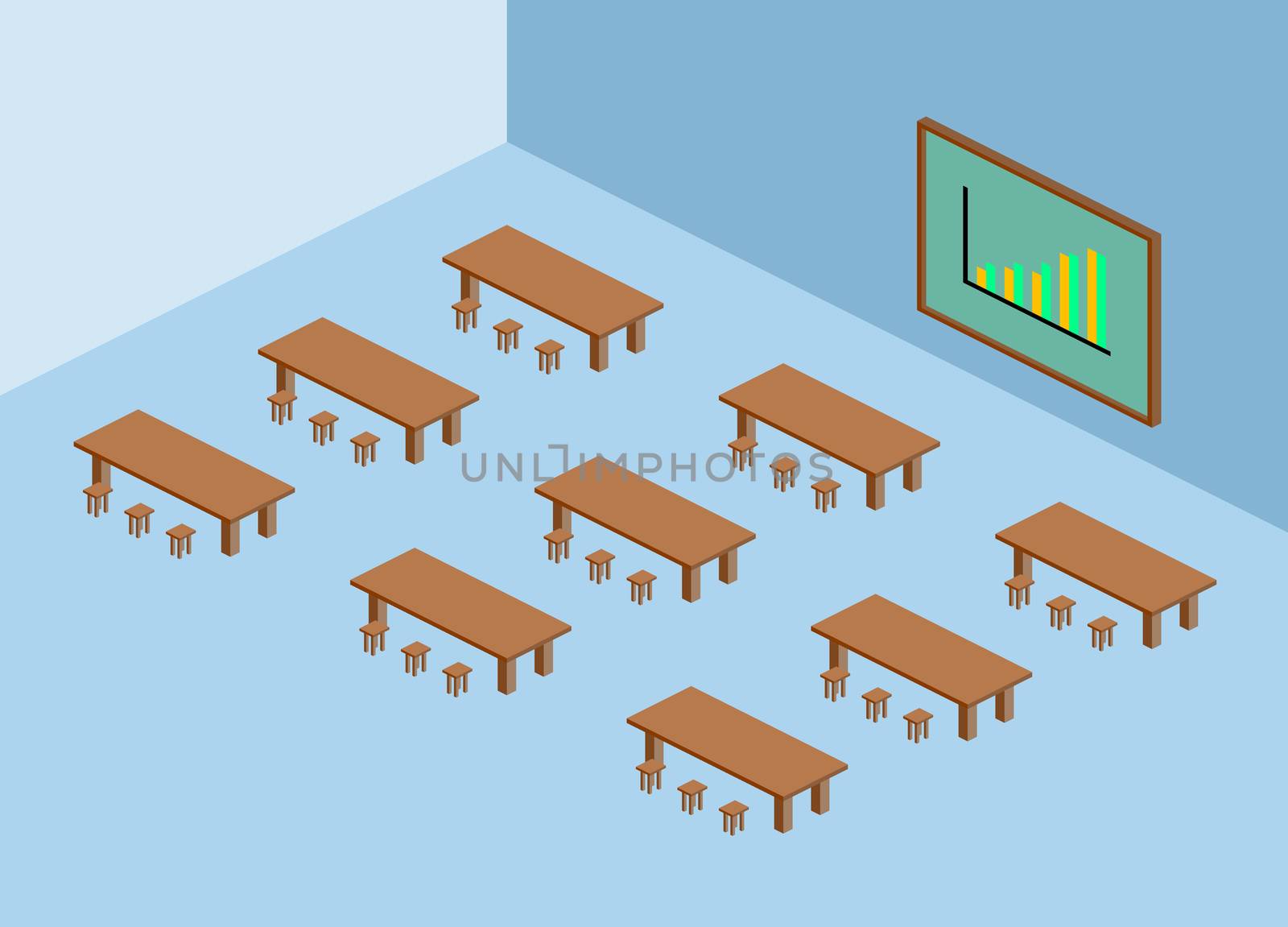 Brown table and chair with green blackboard and chart isometric by eaglesky