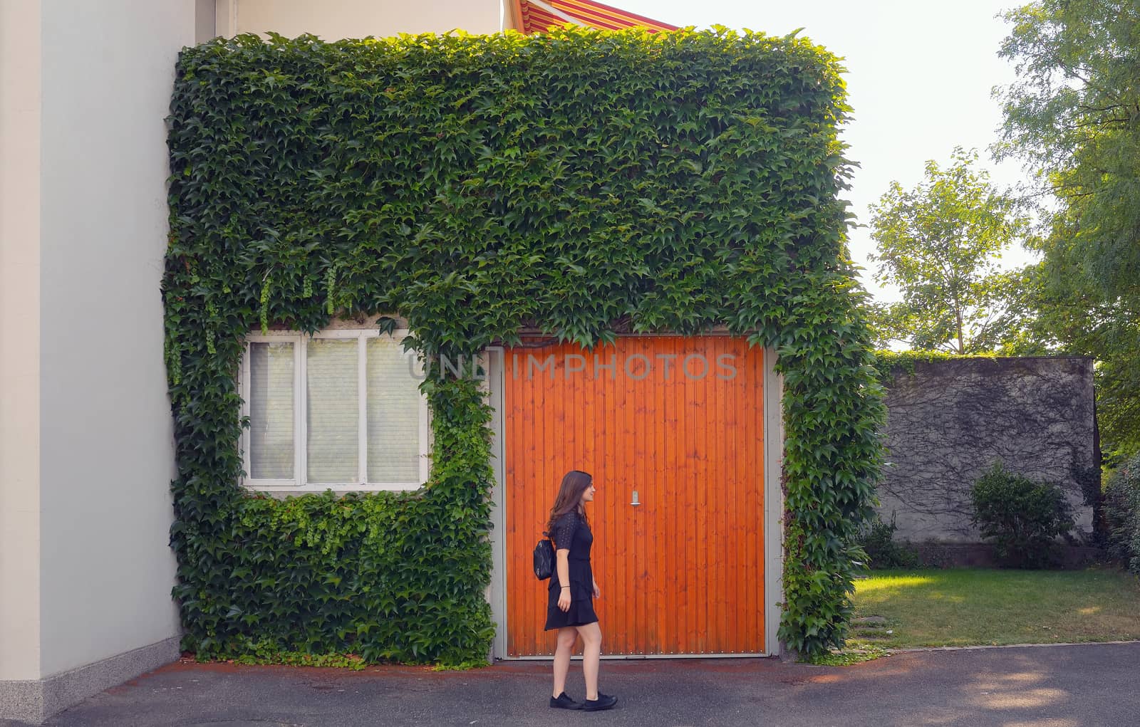 Creative minimalistic with girl and architecture outside