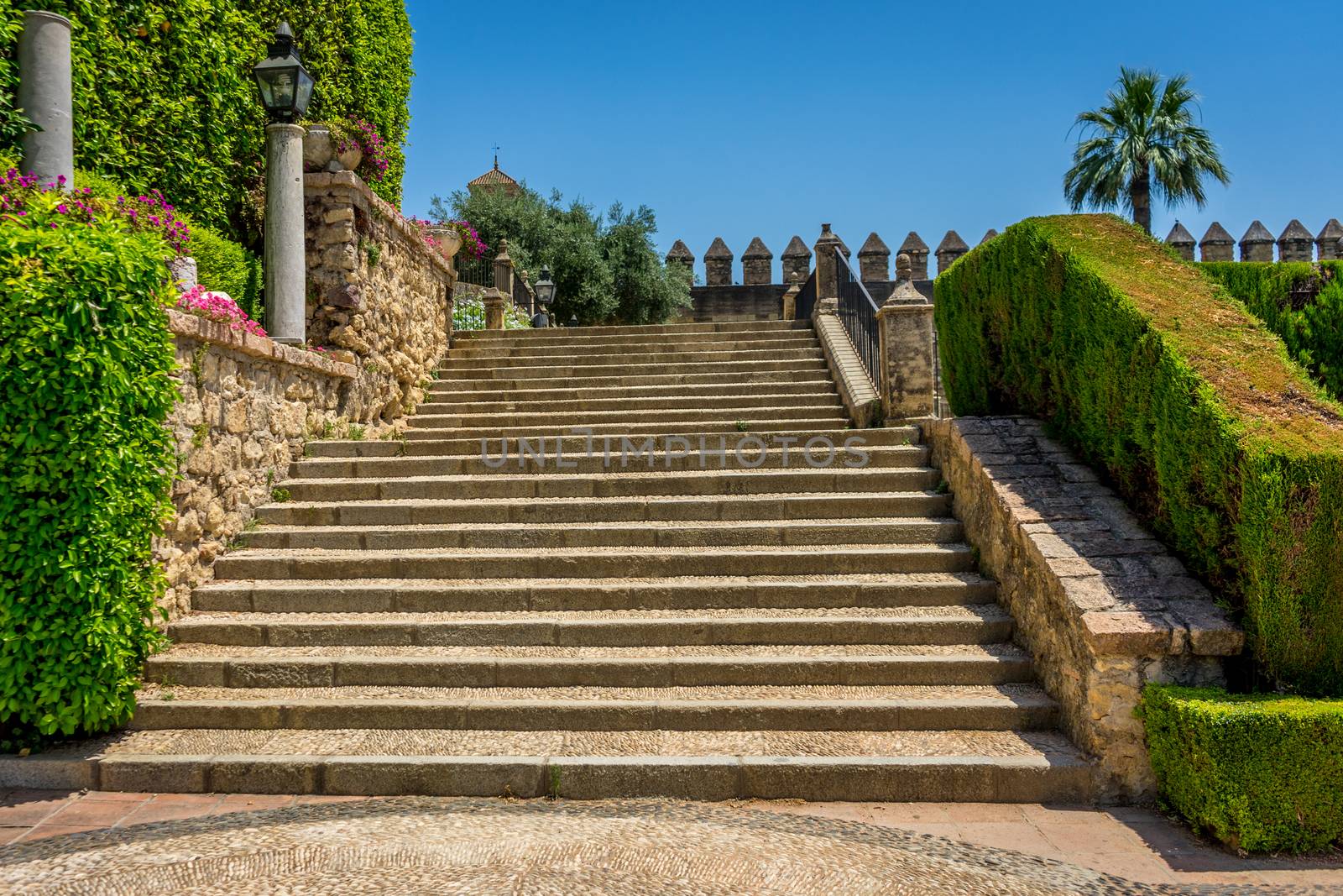 Spanish steps to the orchard in royal gardens of the Alcazar de los Reyes Cristianos castle in Cordoba, Spain, Europe