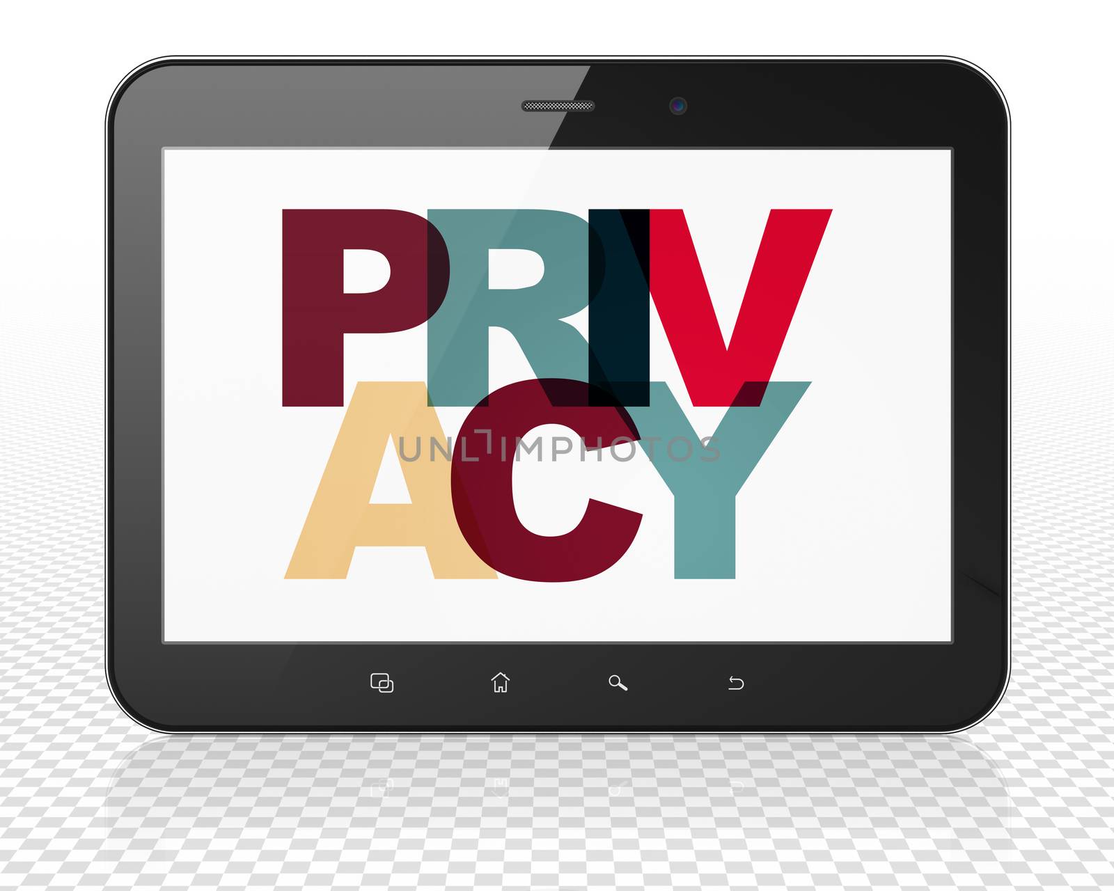 Safety concept: Tablet Pc Computer with Painted multicolor text Privacy on display, 3D rendering
