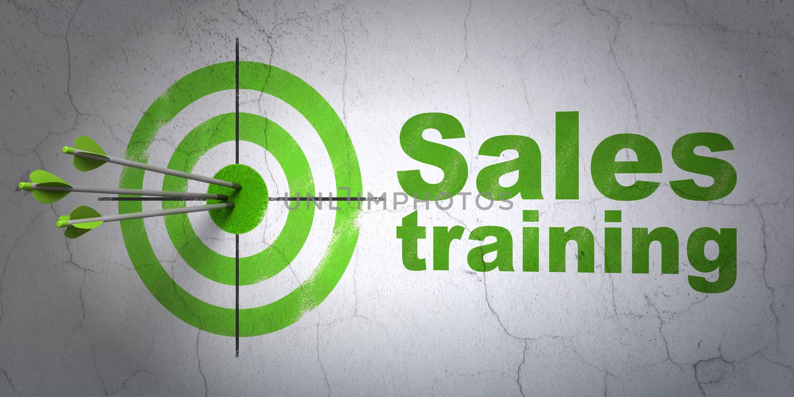 Success marketing concept: arrows hitting the center of target, Green Sales Training on wall background, 3D rendering