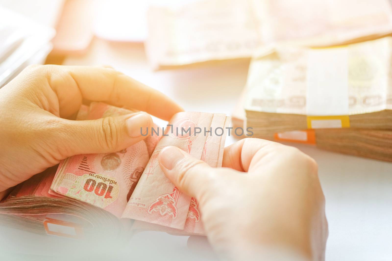 close up image of female hand count the money, business accounting background