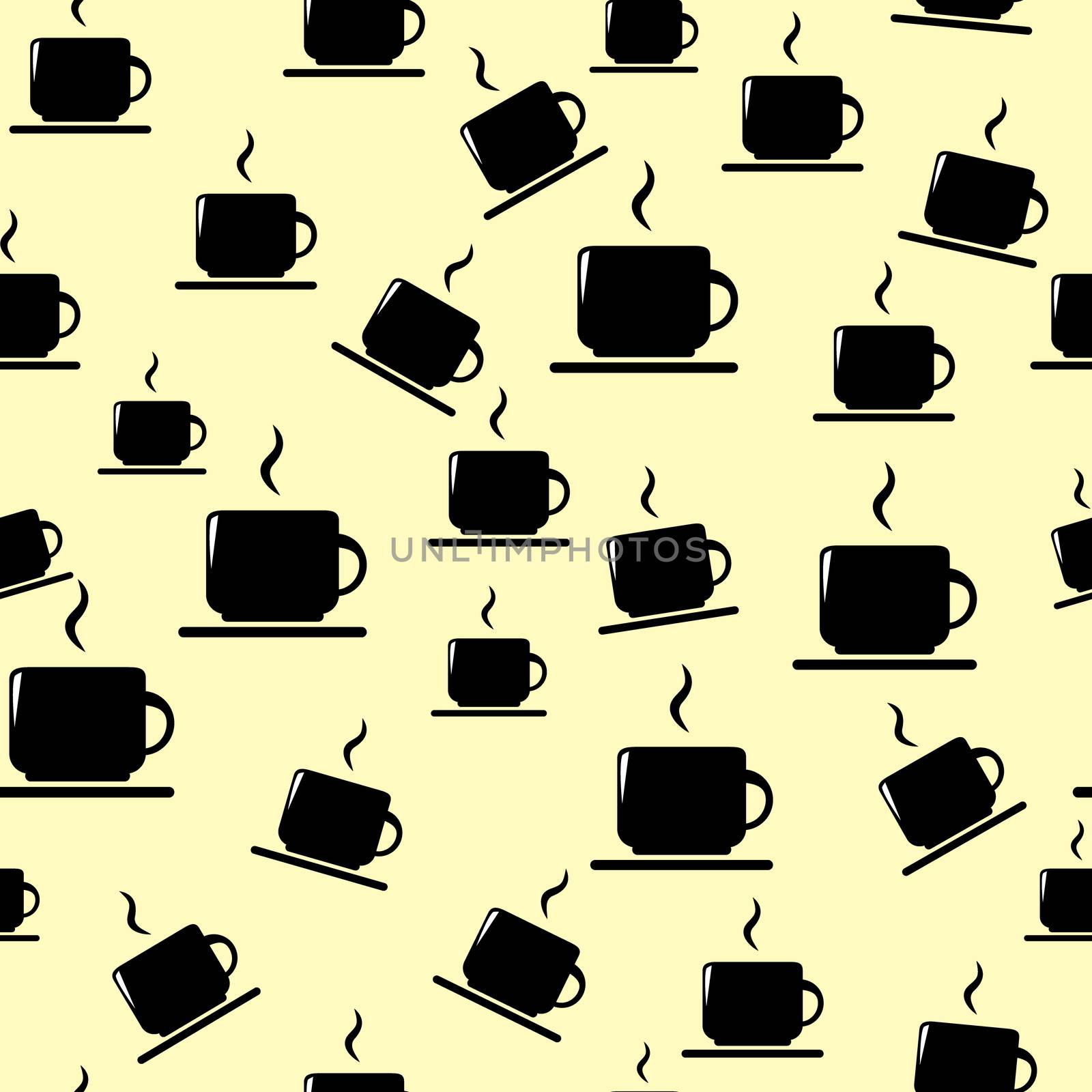 Cups seamless pattern. Tea or coffee cups on yellow background.