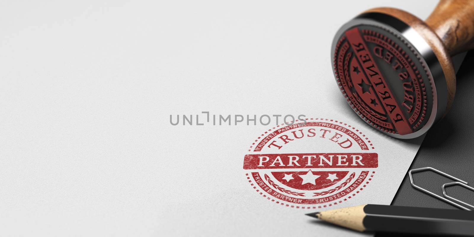 Rubber stamp and office supplies on a paper background with the text trusted partner. Company partnership and trust. 3D illustration