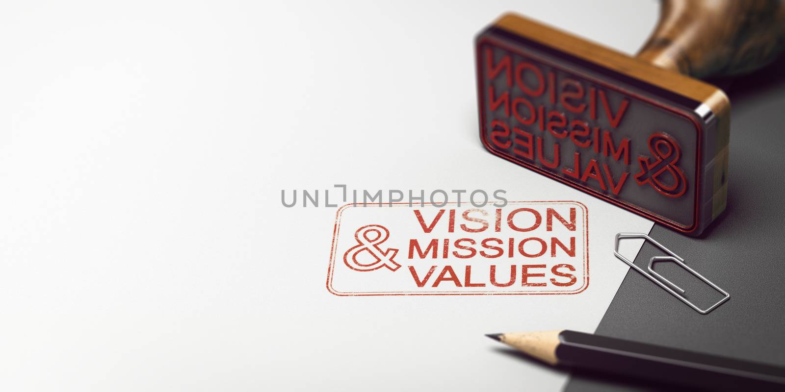 Rubber stamp with other office supplies and the text vision mission and values on a sheet of paper. Company Statement Concept. 3D illustration