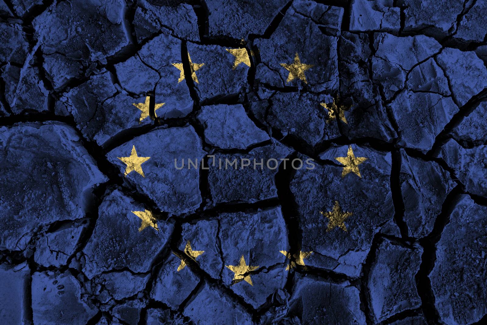 European Union ( EU ) painting on high detail cracked ground . 3D illustration .