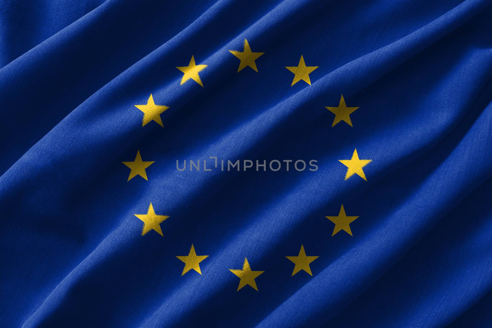 European Union ( EU ) flag painting on high detail of wave cotton fabrics . 3D illustration by stockdevil