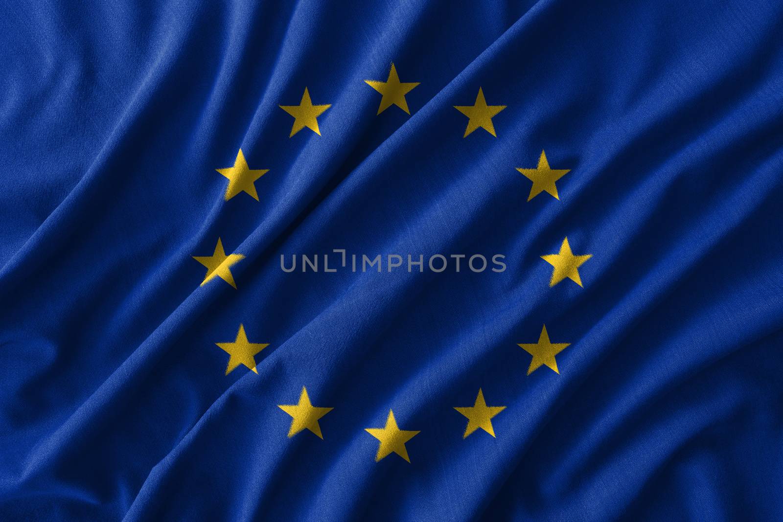 European Union ( EU ) flag painting on high detail of wave cotton fabrics . 3D illustration by stockdevil