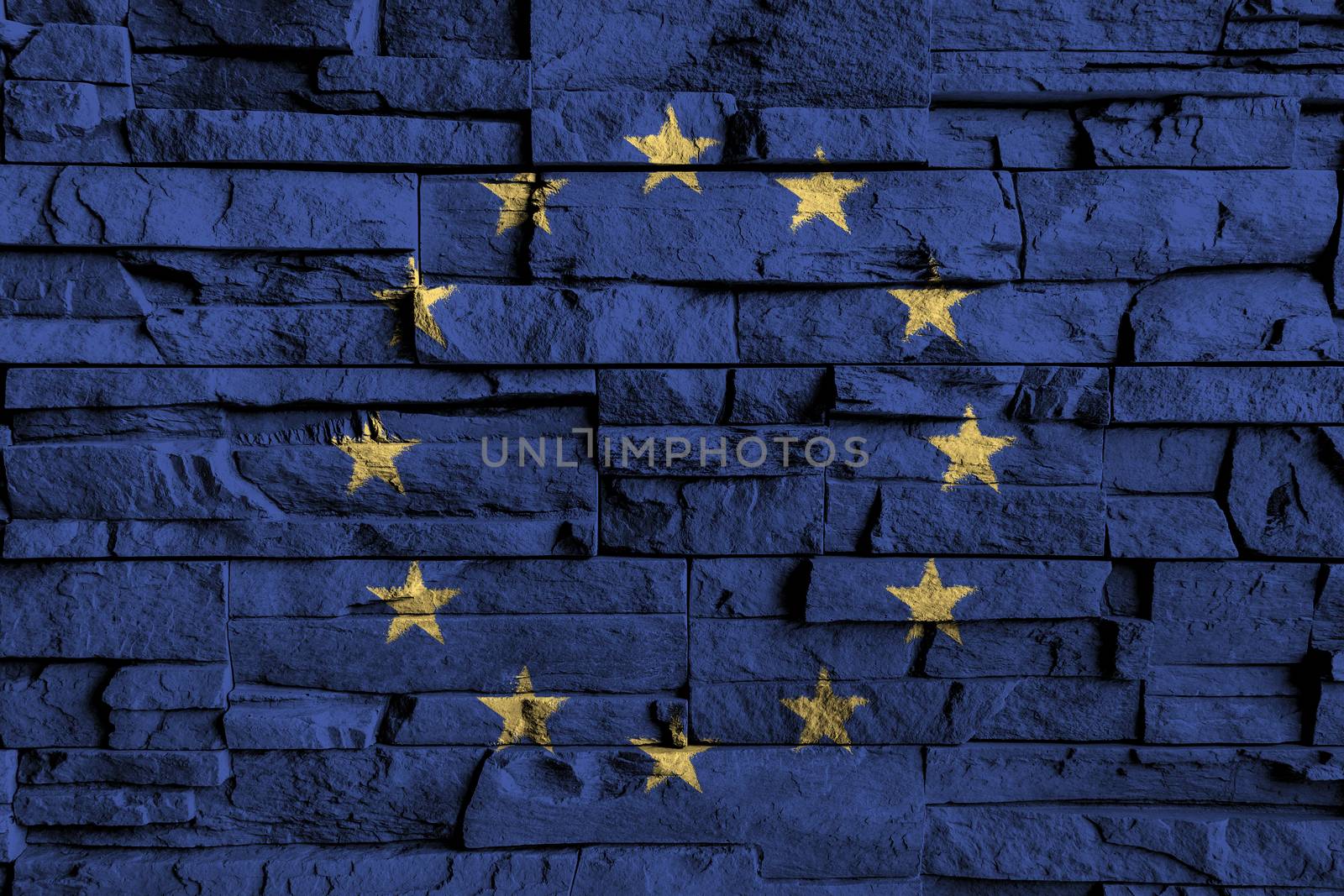 European Union ( EU ) flag painting on high detail of old brick wall . 3D illustration .