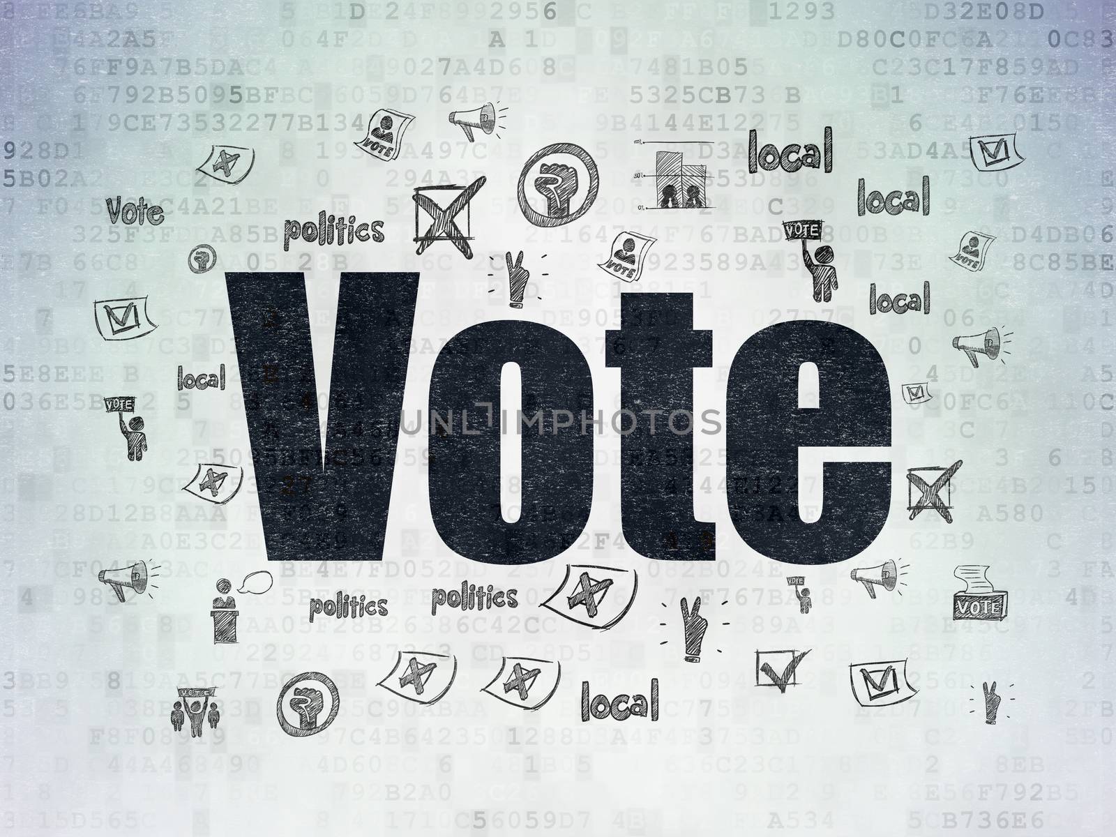 Politics concept: Painted black text Vote on Digital Data Paper background with  Hand Drawn Politics Icons