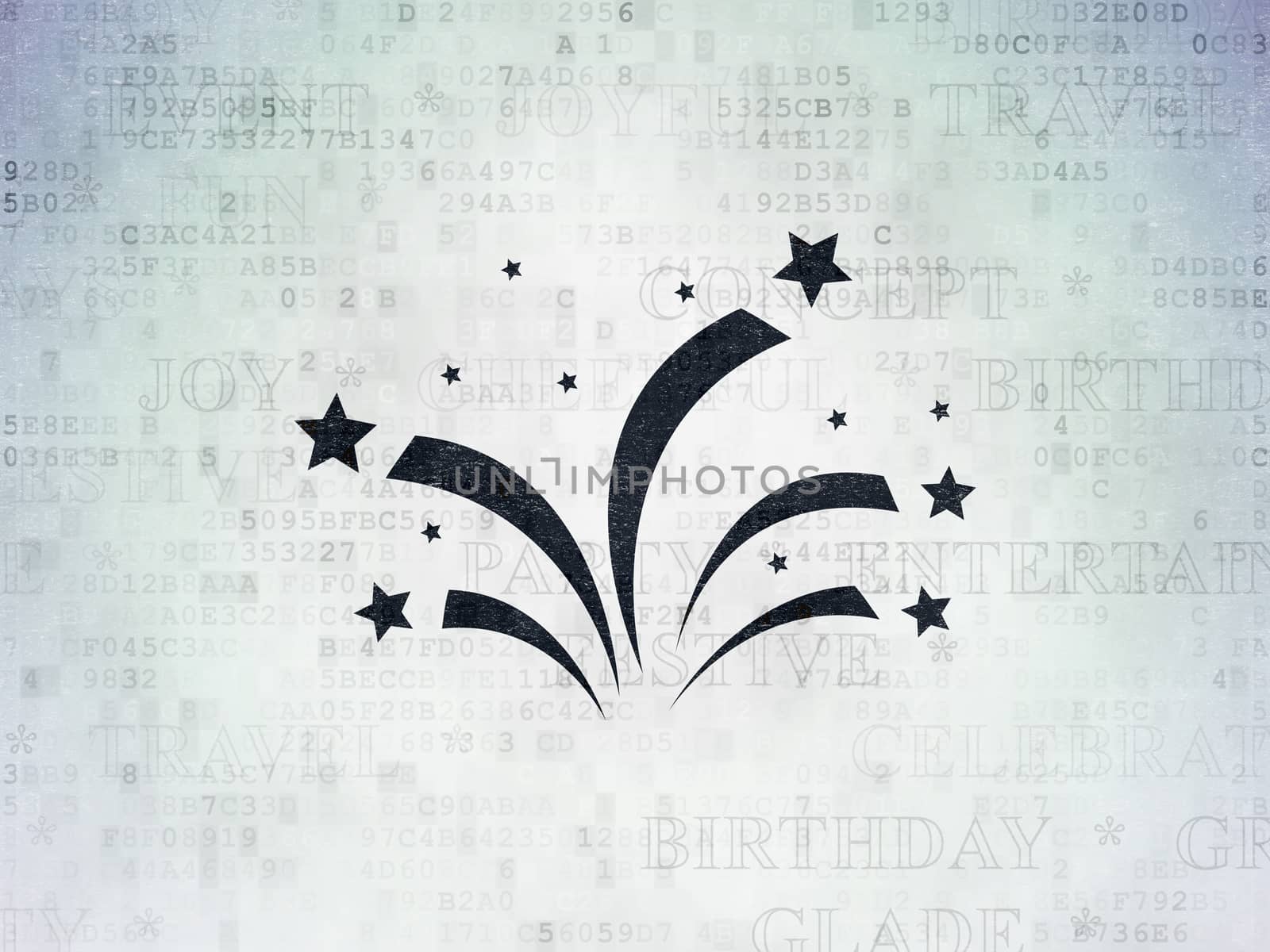 Holiday concept: Painted black Fireworks icon on Digital Data Paper background with  Tag Cloud