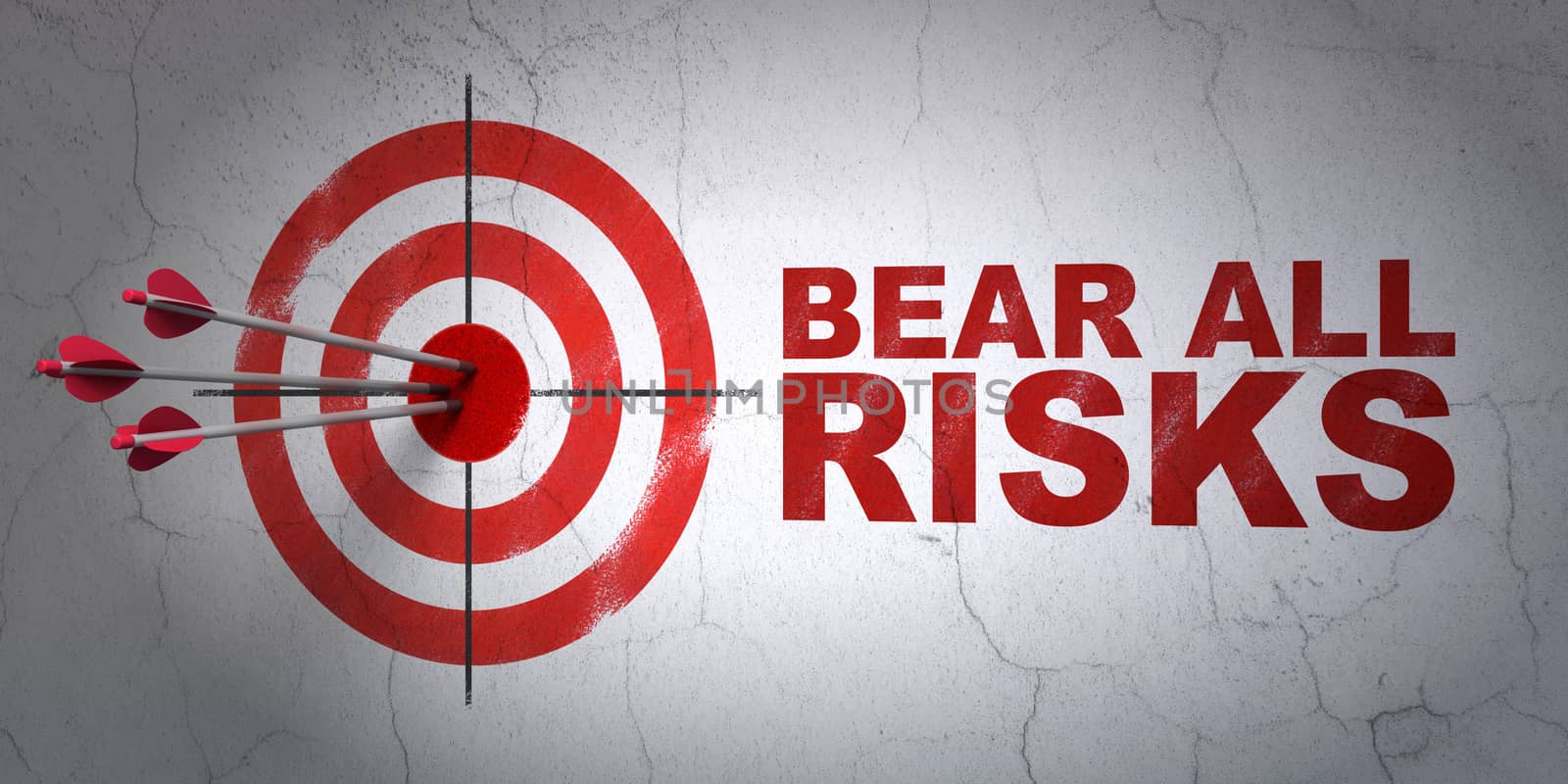 Success Insurance concept: arrows hitting the center of target, Red Bear All Risks on wall background, 3D rendering