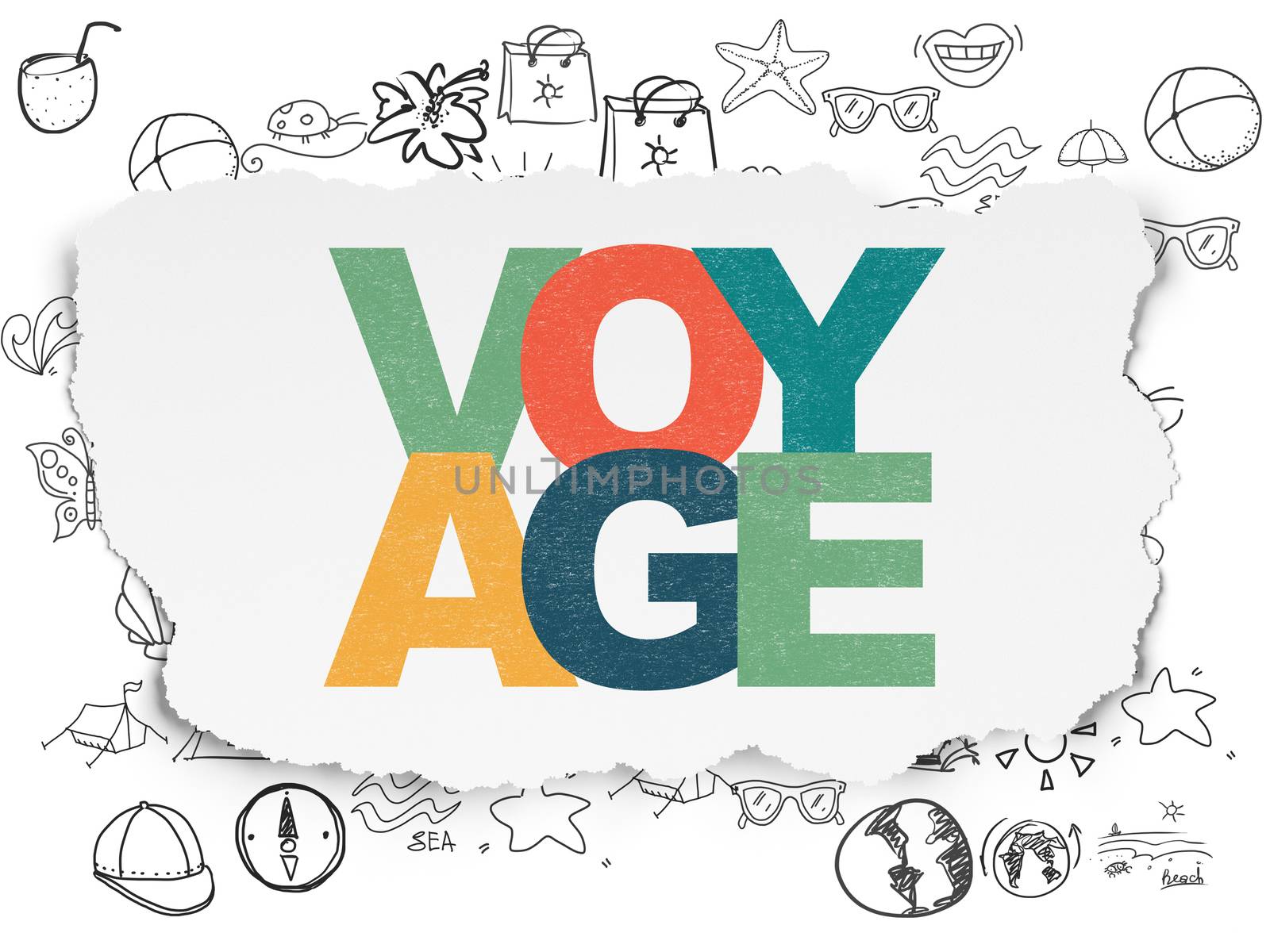 Vacation concept: Painted multicolor text Voyage on Torn Paper background with  Hand Drawn Vacation Icons