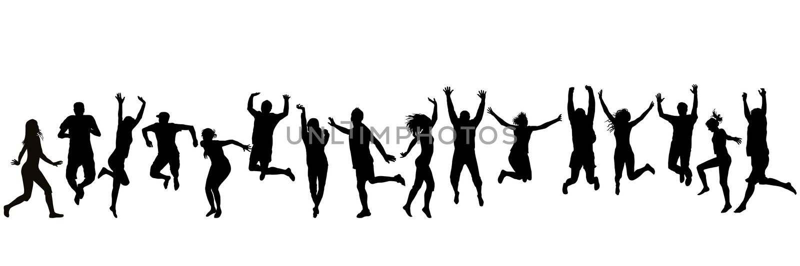 Silhouettes of happy man and woman jumping