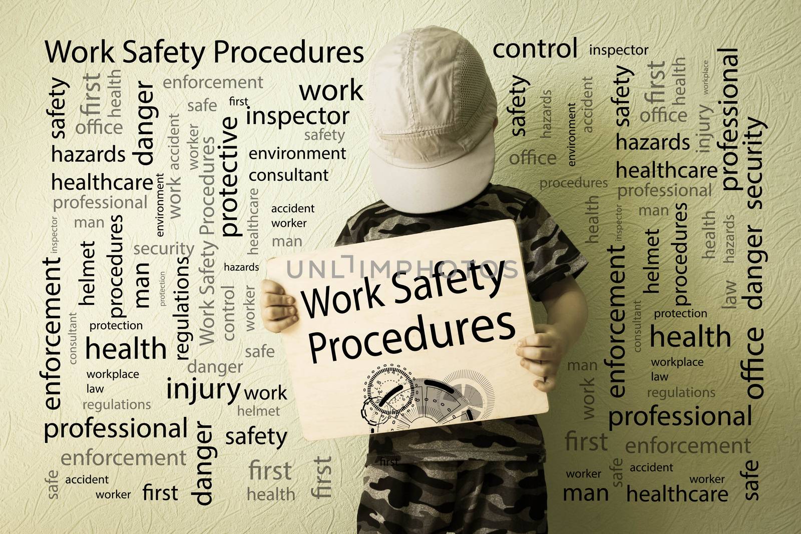 work safety procedures concept. Photo for your design. The boy at the wall Holds a sign in his hand