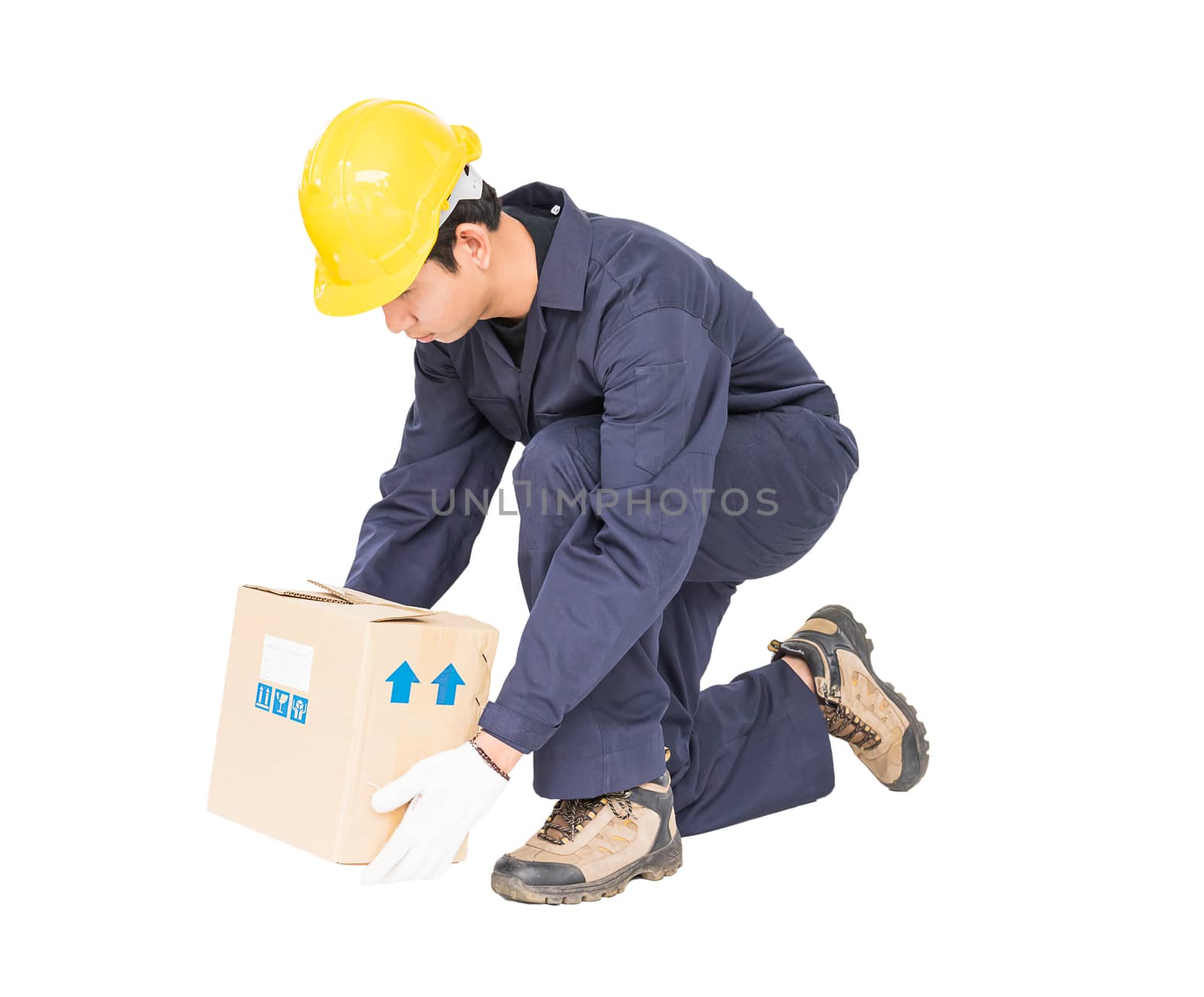 Man in uniform lifting the paper box, Isolated on white background