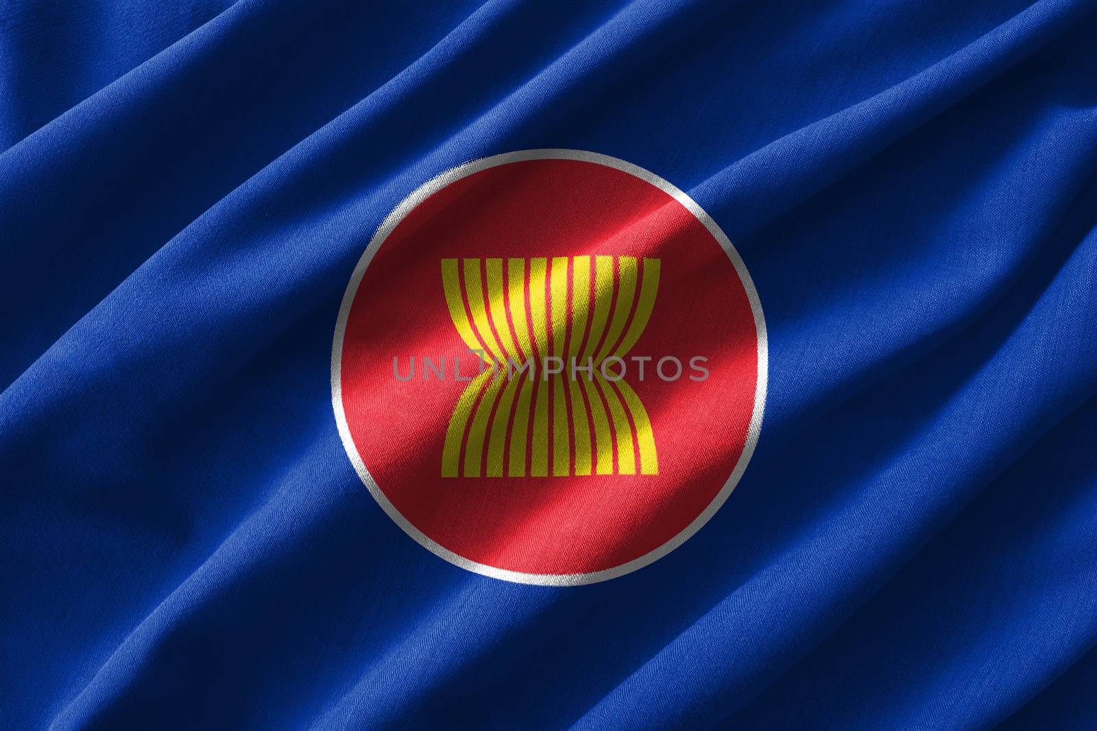 ASEAN flag painting on high detail of wave cotton fabrics . 3D illustration .