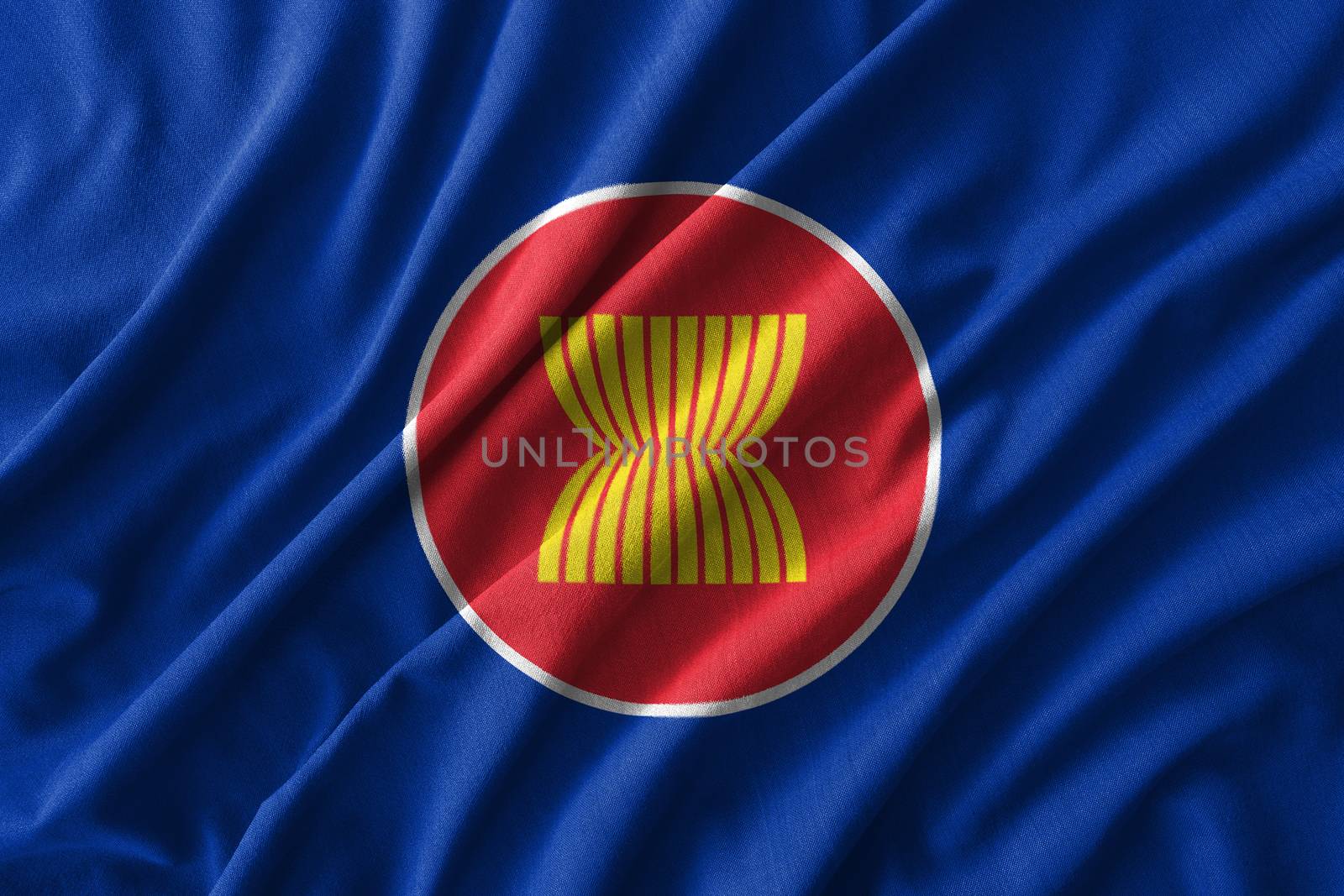 ASEAN flag painting on high detail of wave cotton fabrics . 3D illustration .