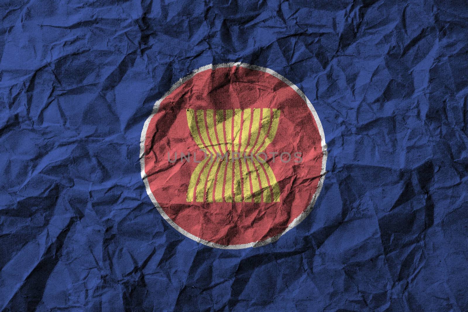 ASEAN flag with high detail of old crumpled paper . 3D illustration .