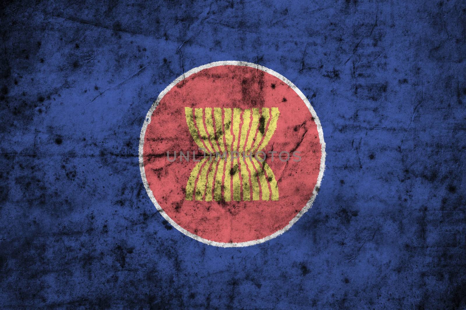 ASEAN flag with high detail of old dirty crumpled paper . 3D illustration .