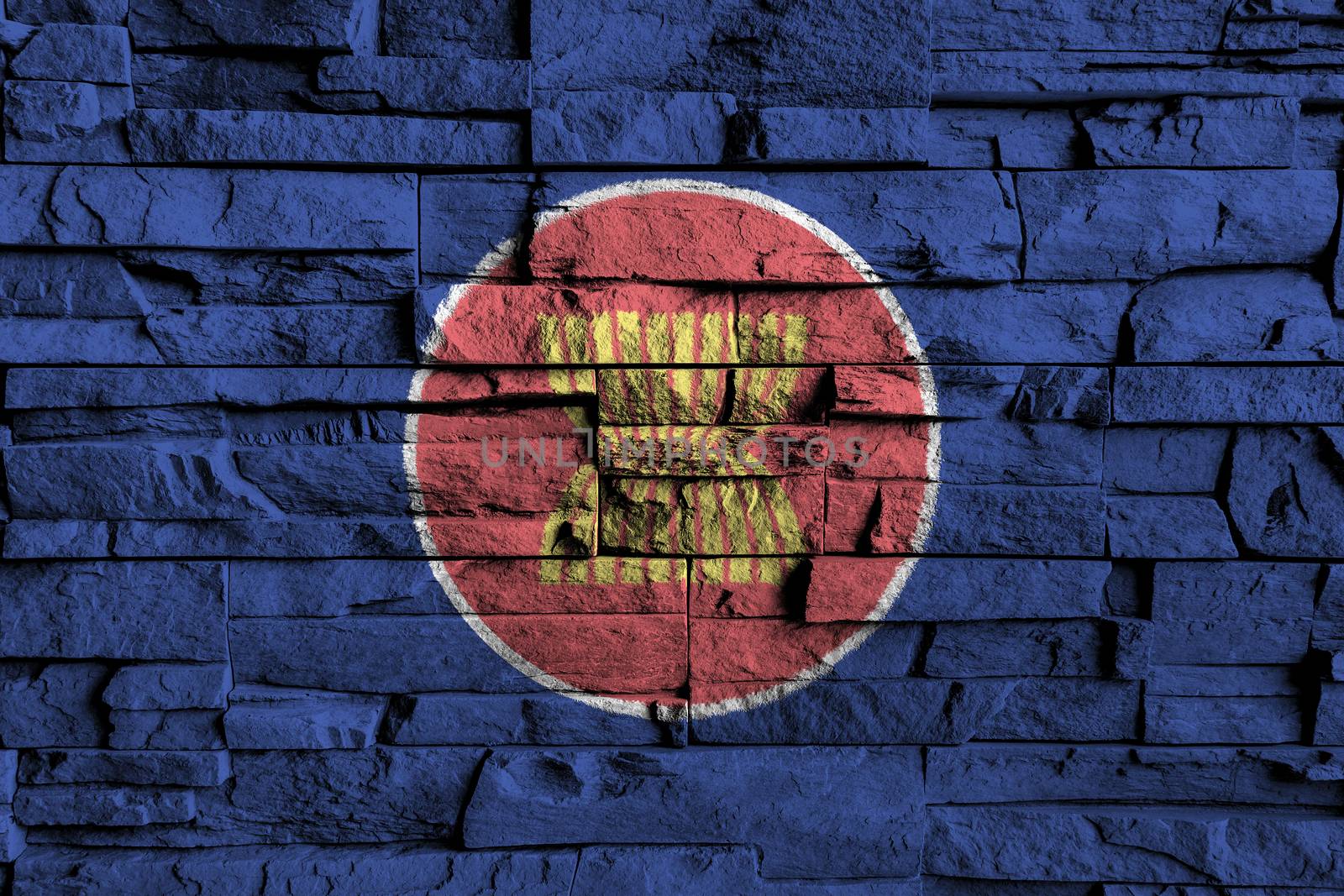 ASEAN flag painting on high detail of old brick wall . 3D illustration by stockdevil