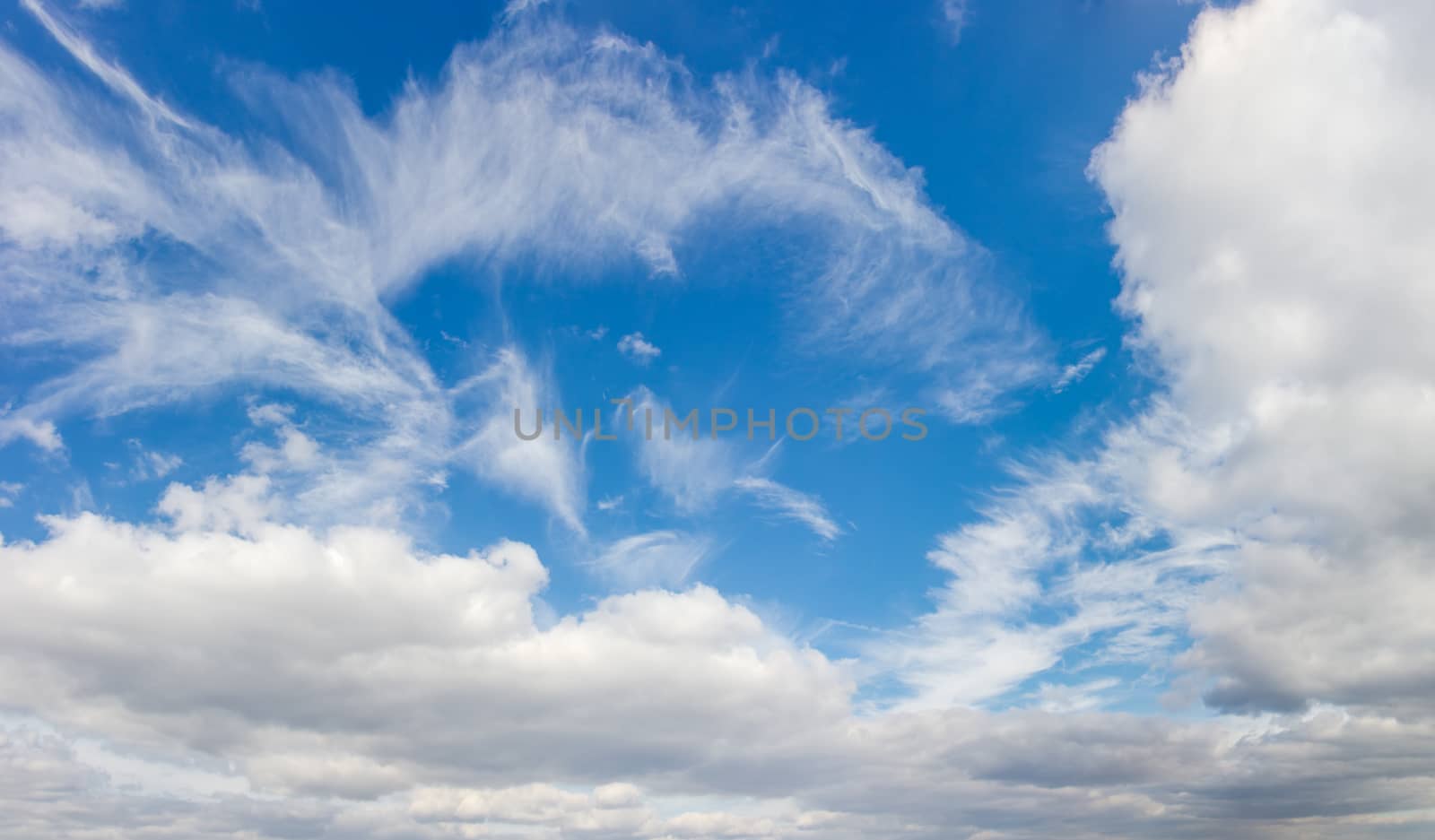 Panorama of the sky with cumulus and cirrus clouds at summer day
