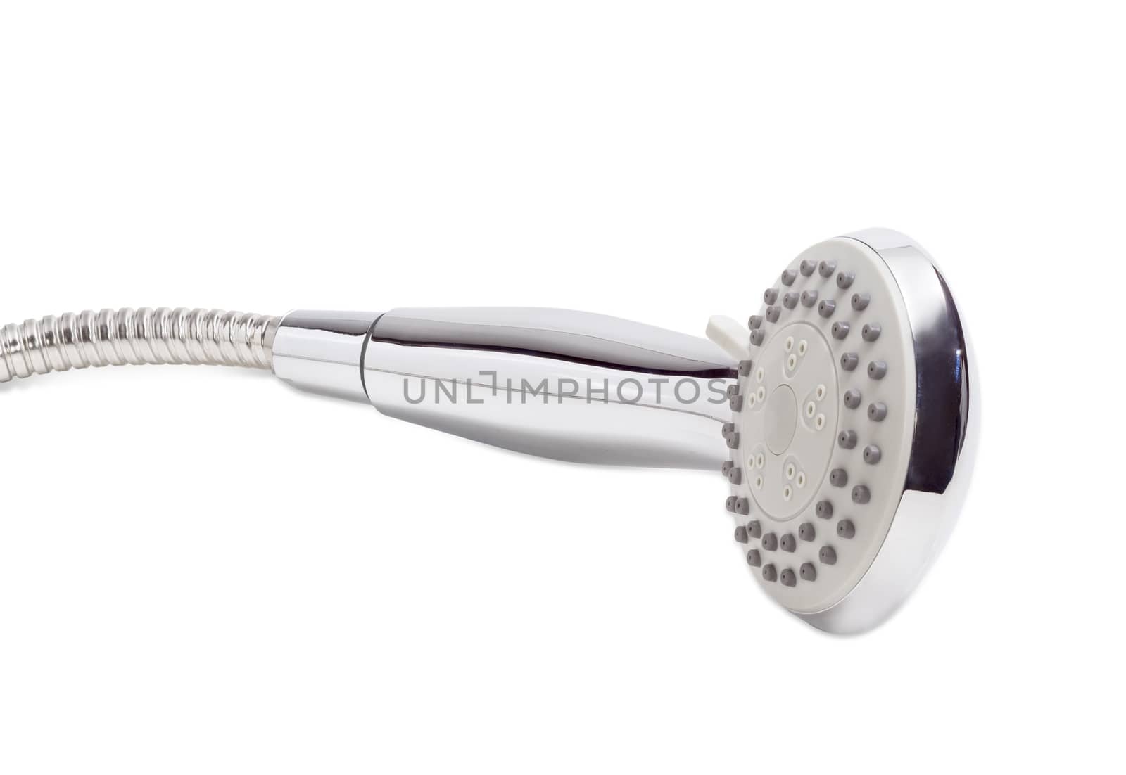 Shower head with metal shower hose closeup by anmbph